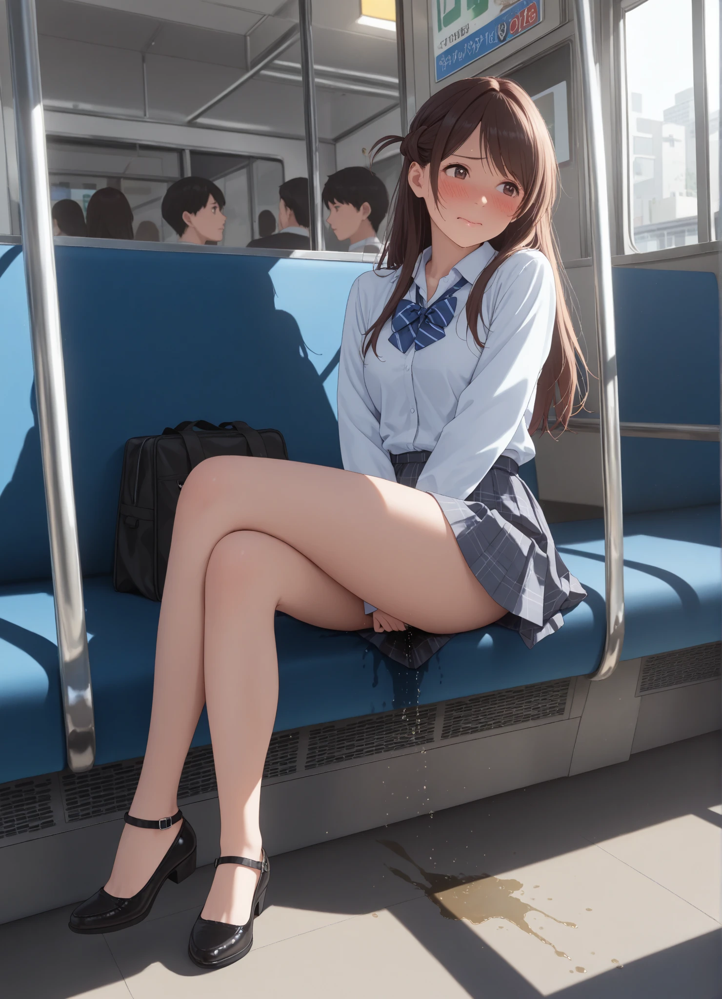 (((medium breasts))), ((best quality)), ((masterpiece)), ((detailed)), (((perfect face))), (((slender 16yo teenage girl))), (((((topless))))), ((dark blue pleated skirt from waist to thighs))), (((French braid))), ((shy:1.3)), ((blushing:1.5)), ((skinny thighs)), ((skinny hips)), (((bare legs))), (((city bus stop))), (((topless))), (((bare arms))), (((bare shoulders))), (((bare stomach))), (((wearing sneakers)))