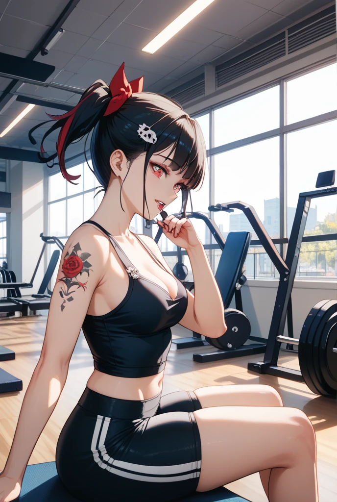 Eliza From Tekken, sensual smile, wearing white shirt and red fitness shorts, in the gym training center