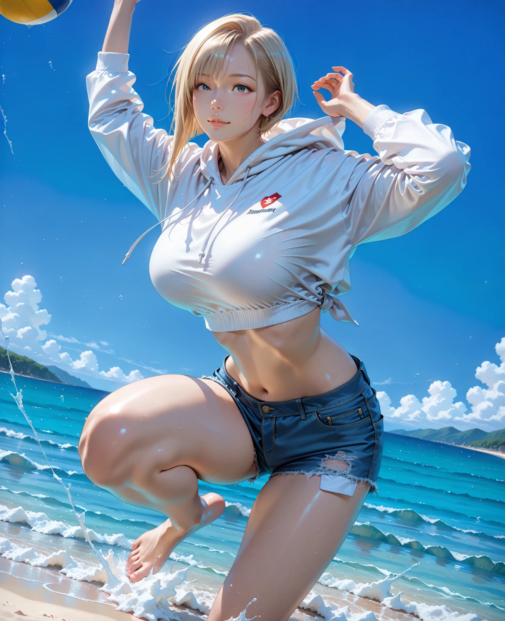 (Magazine Cover:1.2)、(Catalog cover with lots of large letters),((From below:1.2))、(Show off your crotch)、Standing Sexy Pose、Many sponsor logos、pretty 1girl, top-quality、The ultra -The high-definition、hight resolution、extremely details CG、8K Unit Wallpapers、17 age、Beautiful detailed eyes,( Colossal tits),Platinum Blonde Hair,bob cuts、biomechanical oppai,(((Beach volleyball uniforms)))、Sleeveless、(a wet body:1.4)、(Shiny body,:1.6)、 blush, Sweat,be shy、(Ahegao:1.5)、((Stick out your tongue and drool))、red blush、full of shyness、