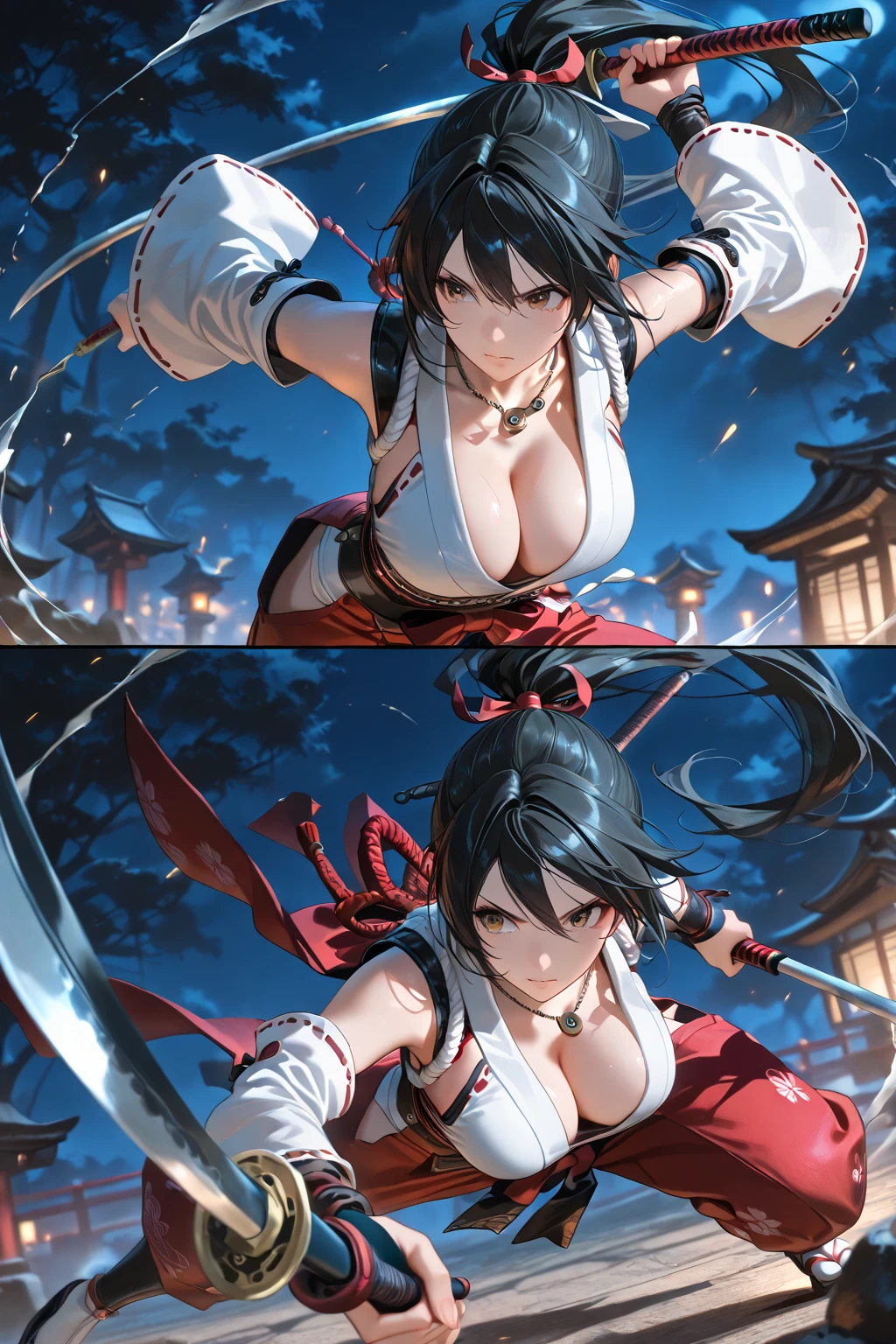 best quality,4k,8k, highres, masterpiece:1.2), extremely detailed eyes, extremely detailed body, (large masterpiece digital art), (detailed manga illustration), (detailed line art), ((perfect anatomy)), (intricate details:1.3), (ultra-detailed:1.3), (illustration:1.3), (sharp focus:1.3), (natural lighting:1.05), (vivid colors:1.3), (masterpiece), best quality, expressive eyes, perfect face, 1 girl, breasts, cleavage, gloves, large breasts, traditional clothes, cerulean clothes, black hair, short hair, messy hair, dark brown eyes, hourglass physique, loose-fitting pants, fighting stance, large ass, pale skin, shrine maiden, tomboy, combat boots, cinematic lighting, dramatic atmosphere, Beautiful woman, dragon spear in hand, Jeff Bridges, ((cartoon style)), Marvel Cinematic Universe style, (((Japanese shrine in the background))), soft bokeh of Japan, Atey Ghailan, Jeremy Mann, Greg Manchess, Antonio Moro, trend in ArtStation, trend in CGSociety, Intricate, High Detail, Sharp focus, dramatic and photorealistic painting art by Midjourney and Greg Rutkowski,