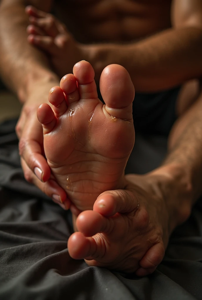 Tall Caucasian Baseball player getting his size 13 wide masculine vainey shapely bare feet massageed by professional handsome African man.