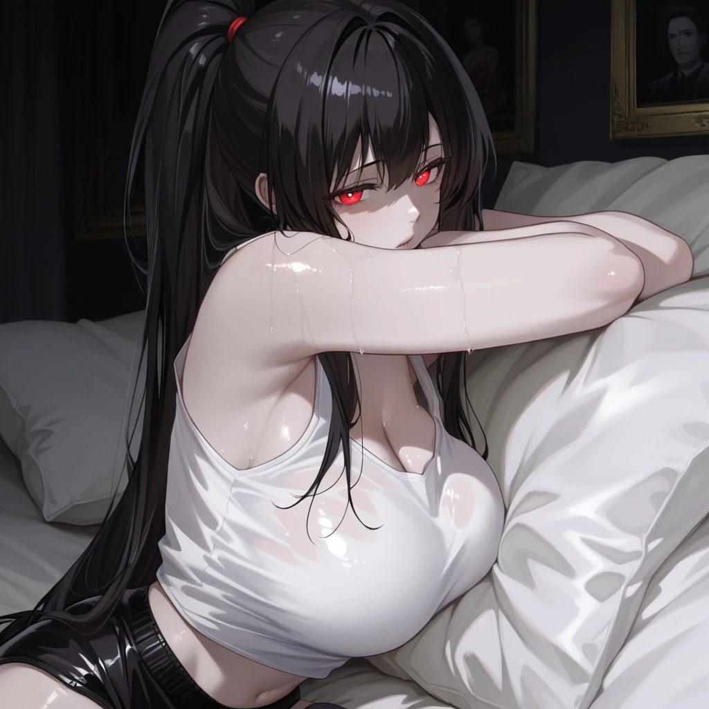 a dark women with pale skin, piercing eyes, a haunting expression, poercing, lie on bed, highly detailed, dramatic lighting, cinematic composition, moody and atmospheric, dark fantasy, muted color palette, chiaroscuro