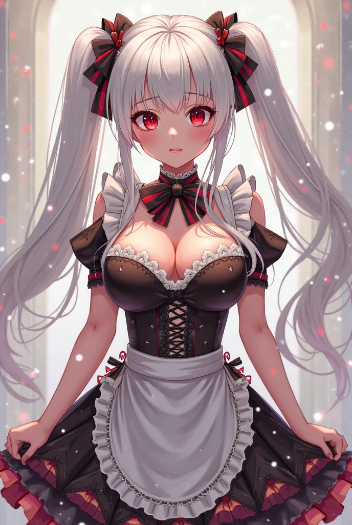 whole body,Standing posture, (Gray Hair,Twin tails,) (Super big breasts,,Symphogia style,Red eyes), (beautifully drawn face:1.2) (Maid clothes,Cleavage,mini skirt,) Cold look,(White background) 