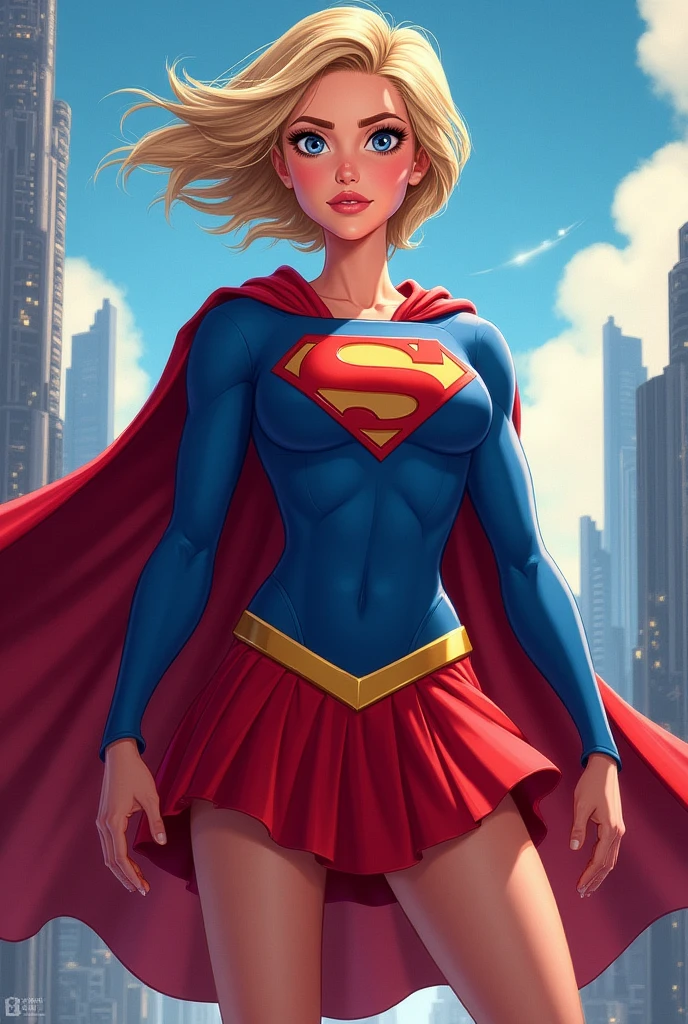 Young female, with blonde hair, wearing a tight blue long-sleeved shirt with the Superman symbol on the chest, defined breasts, wearing a red skirt and red boots, Wearing a red cape and flying in the sky