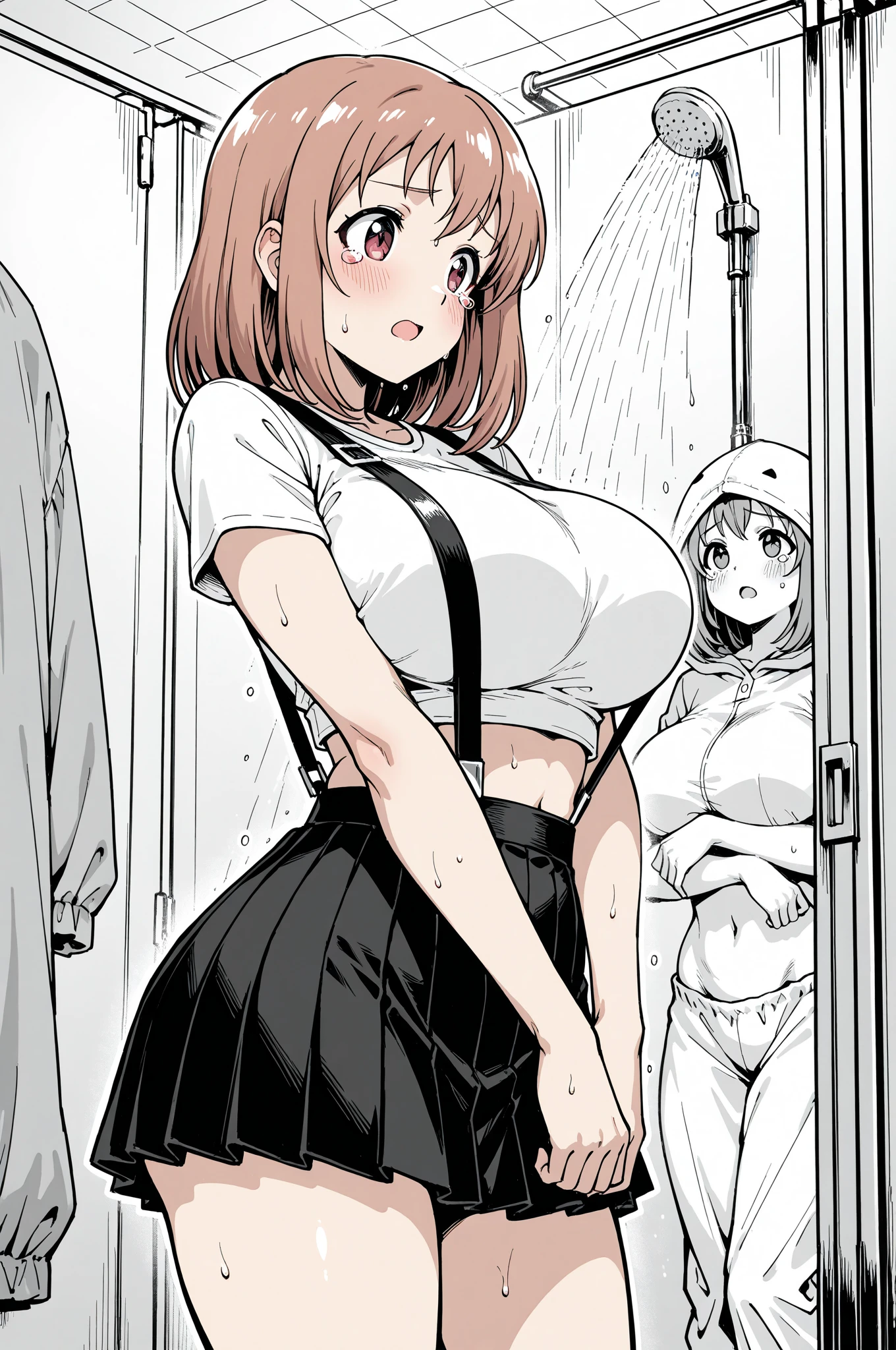 、(masterpiece、Highest quality)、Highest quality, Ultra-high resolution, (((masterpiece))), alone, Sweat、Big eyes, Composition from the front、Shortcuts、Embarrassed face、Bronze colored hair、Cut the back hair short、Bathroom、Shower scene、 Expose、Completely naked、pubic hair、belly button、Large areola、Nipples、short hair