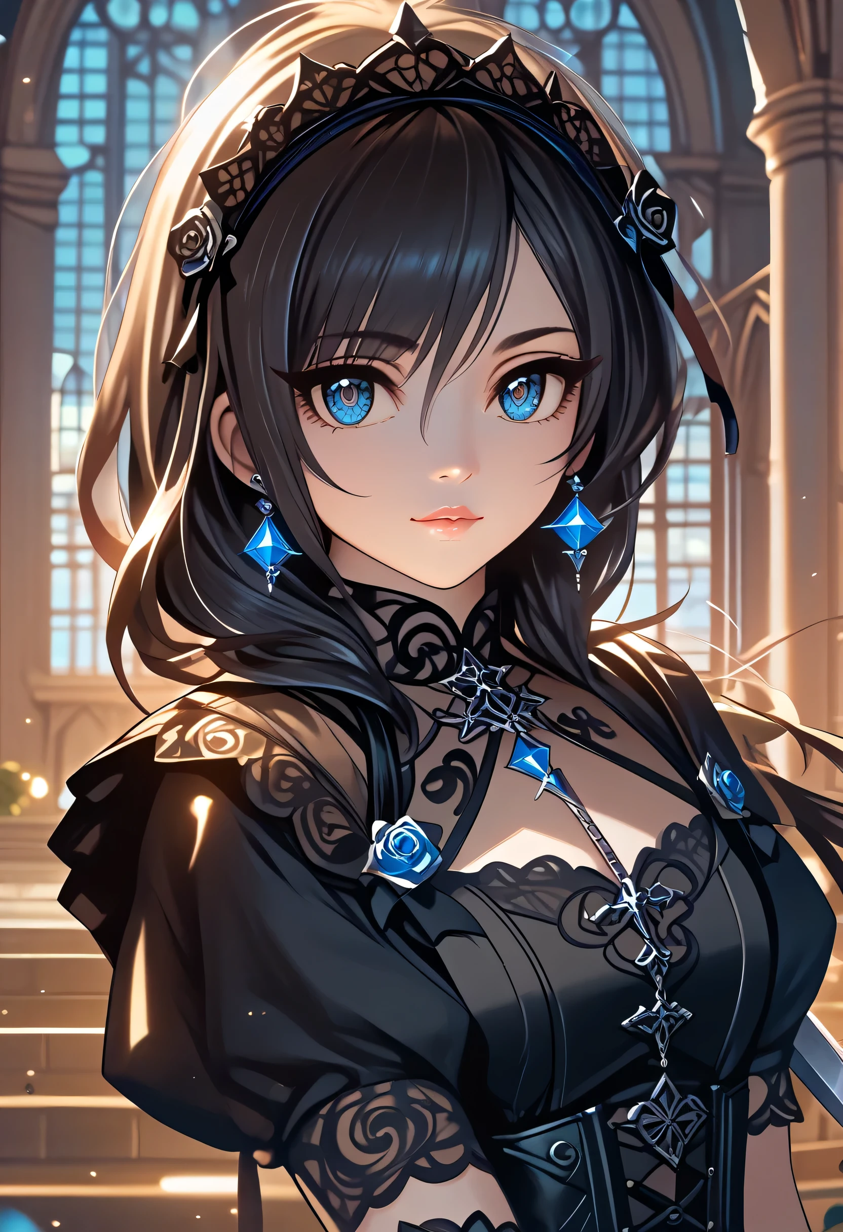 masterpiece, best quality, finely detail, Very detailed, hight resolution, Beautiful detailed eyes, Natural Lip, girl, an exquisitely detailed and beautiful face and eyes and skin, raw photo, young face, cute, slender body, long hair, braided bangs, Plasma sword, dynamic pose, castle, black gothic lolita