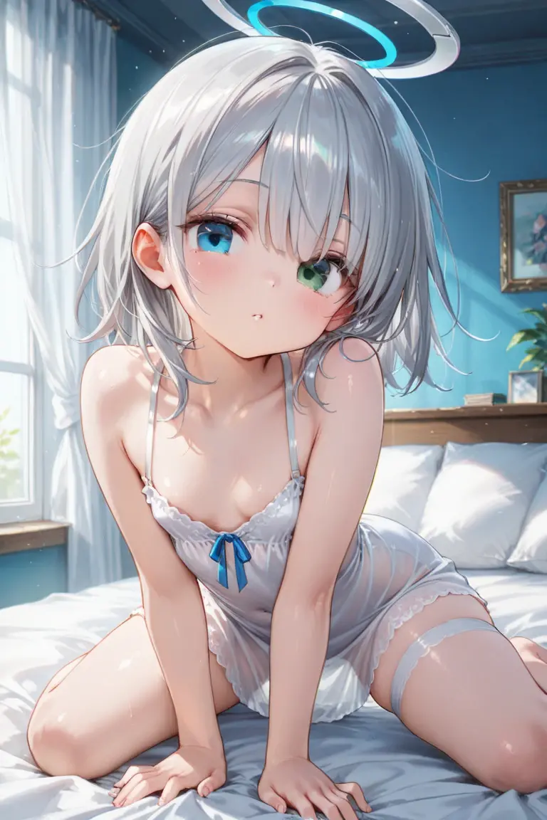 Masterpiece、Anime Coloring、Ultra fine、8k、light blue eyes、((whole body))、blush、Small breasts、((Pink bra))、((Pink panties))、(Looking at the front)、((bed))、((Silver Hair))、On all fours、short hair、((Khaki fox ears))