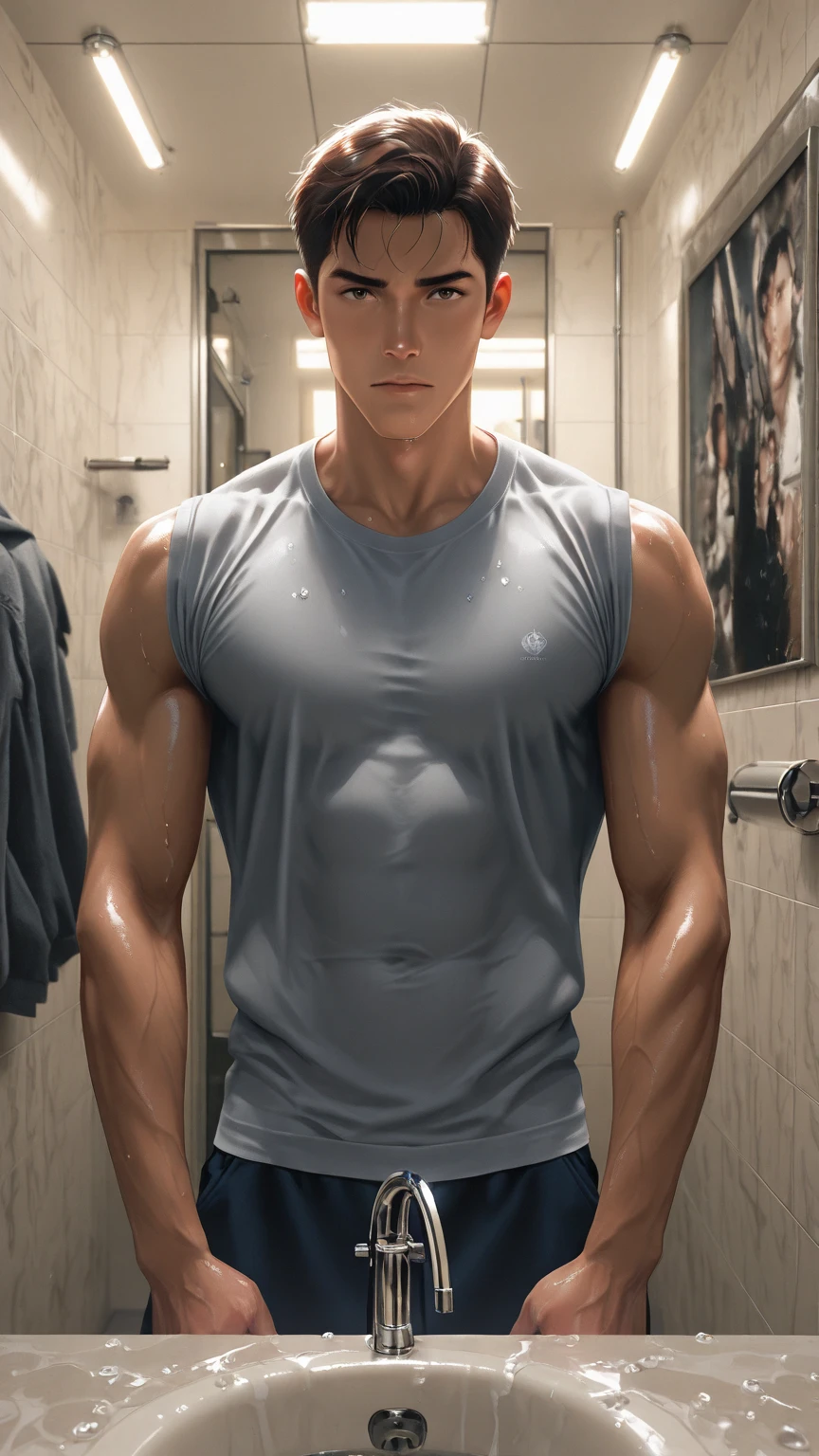 A young boy with white hair,fair skin,handsome,The triangle briefs are wet, so I took half of them off.,裸上半身Soaked in milk,Showing six-pack abs and chest muscles with water droplets on them,Soaked in milk,纖細長腿Soaked in milk,The bottom highlight is very large and dripping,Soaked in milk,Tilting their head back, they wore an expression of comfort.,hands on the floor,covered in milk,There's milk on your face too,身上Soaked in milk,Complete character,To the light