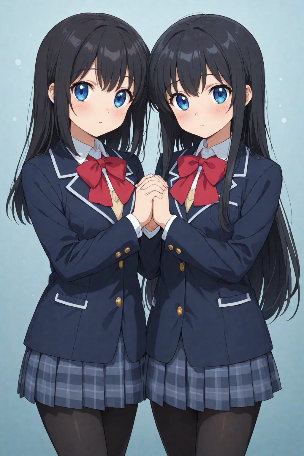 ((Two Shots:1.9、full body、low angle、image of two girls hugging each other:1.9、))。 girl standing on the left((Beautiful girl looking back、((long golden straight hair:1.9、))droopy eyes、Blue Eyes、 body type、学生uniform、))、and、girl standing on the right((beautiful girl seen from the front、 black hair、short bob、sling、red eyes、slender、uniform、front open、))、Japanese anime、Izumi Tsubasu's painting style:1.9、(8k,4 times the number of pixels 、super high resolution、)、。Japanese school route、Clear skies、。yellow color、 Light from Above、Light and shadow are clear、。(greatest masterpiece、Sense of luxury、vivid colors、Fine shading、precise details、 attention to detail 、Depiction of a perfect hand)。