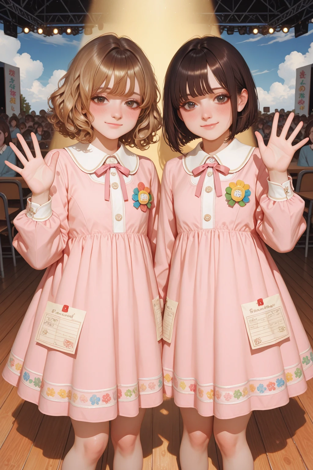 4+ girls, multiple colored hairs, sweet maids, random cute faces, super happy smiling, open mouth, group shot, zoom camera, sweet tea party, lots of cakes, macarons, chocolates, parfaits, cookies, land of sweets