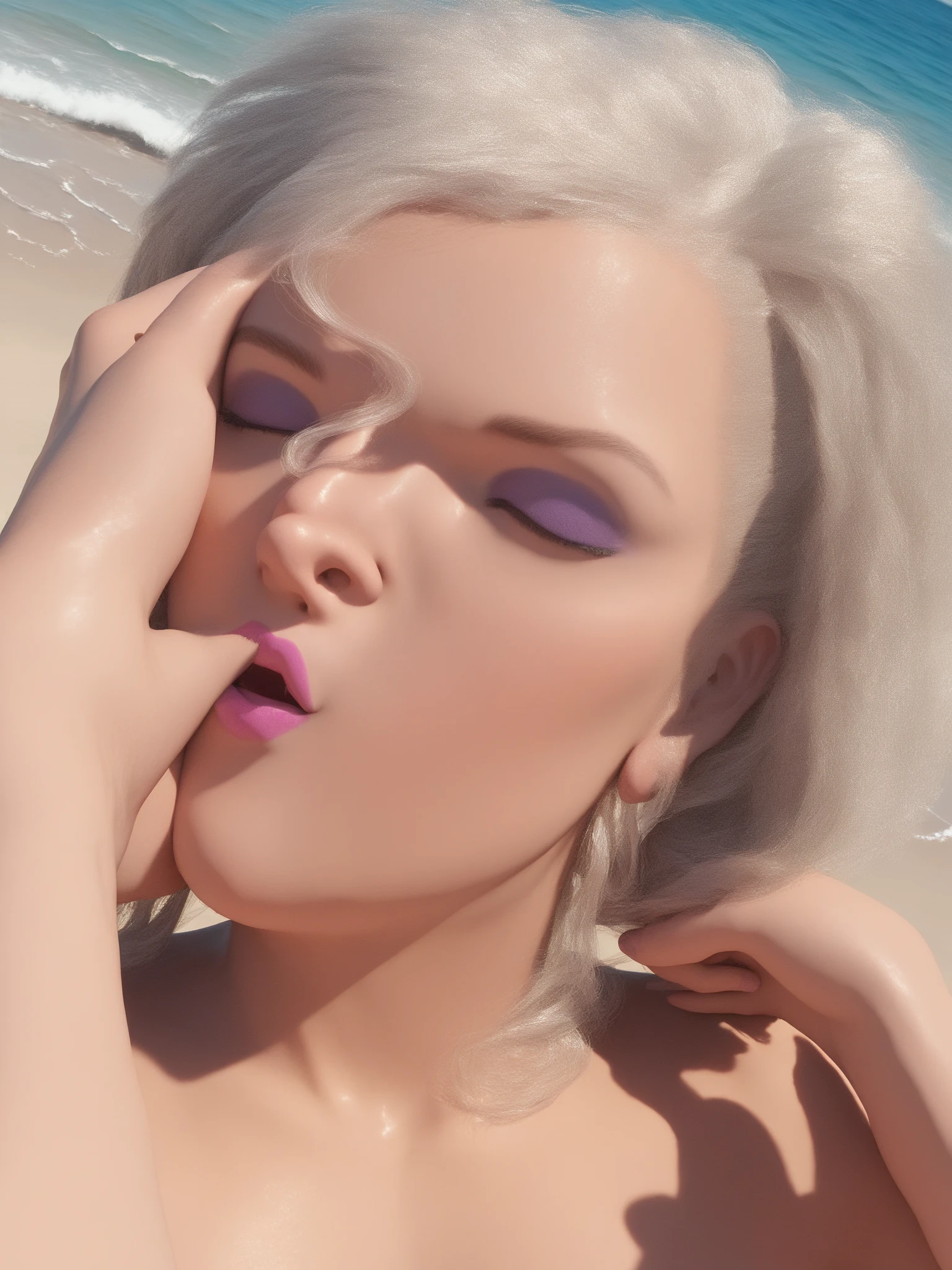 NSFW. (nude) Mellisa Benoist deep blowjob on a deserted tropical beach, (dramatic lighting), ((best quality)), ((masterpiece)), (detailed)