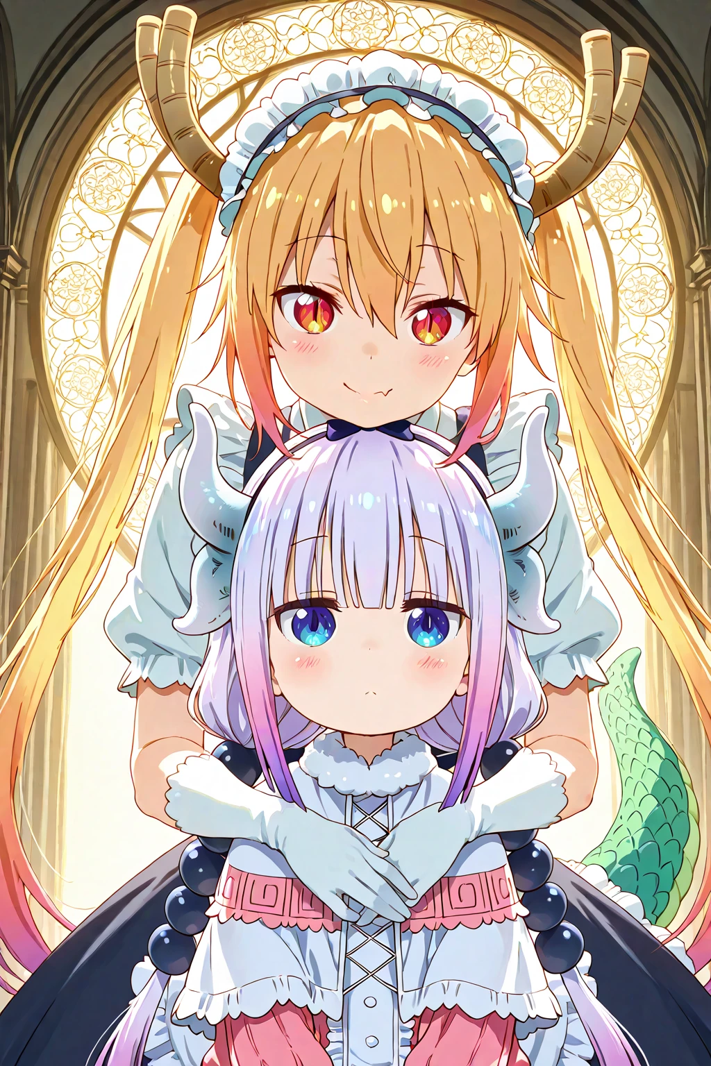 1girl,gloves, dress, tail, short sleeves, necktie, white gloves, maid, maid headdress, dragon girl, dragon tail, scales, large tail,,tohru, smile,long hair, bangs, blonde hair, hair between eyes, twintails, very long hair, multicolored hair, horns, fang, gradient hair, dragon horns, red eyes, slit pupils,1child,kanna kamui,kobayashi-san chi no maidragon,side-by-side,from front,(cheek-to-cheek),white back ground,upper body,masterpiece, best quality, ultra-detailed, high resolution, 8k, finely detailed, intricate details,sharp focus,dramatic shadows, perfect , detailed clothes, ray tracing reflections,Dynamic lighting,HDR,cinematic lighting, global illumination,f/2.8 lens,85mm lens,DSLR photography style,ambient lighting,rim lighting,Radial Composition,Diagonal Composition
