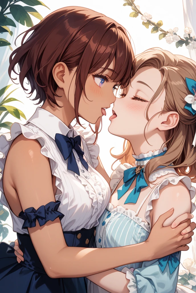 NSFW,masterpiece,Highest quality,High resolution,Super detailed,Nekone \(Utawarerumono\),Brown Hair、（Red Eye：1.3）、ribbon,Twin tails、ヘアribbon、Mole、目の下のMole,Small breasts,Fantasy World,Shopping Street,Alley,Japanese style,Removable sleeves,mini skirt,leotard,Half-naked,Open clothes,Embarrassed,blush,(Seduce),(Adult male),(A man puts his hands on her waist and hugs her),(caress),(Molester),Circling the body,hug,From the side