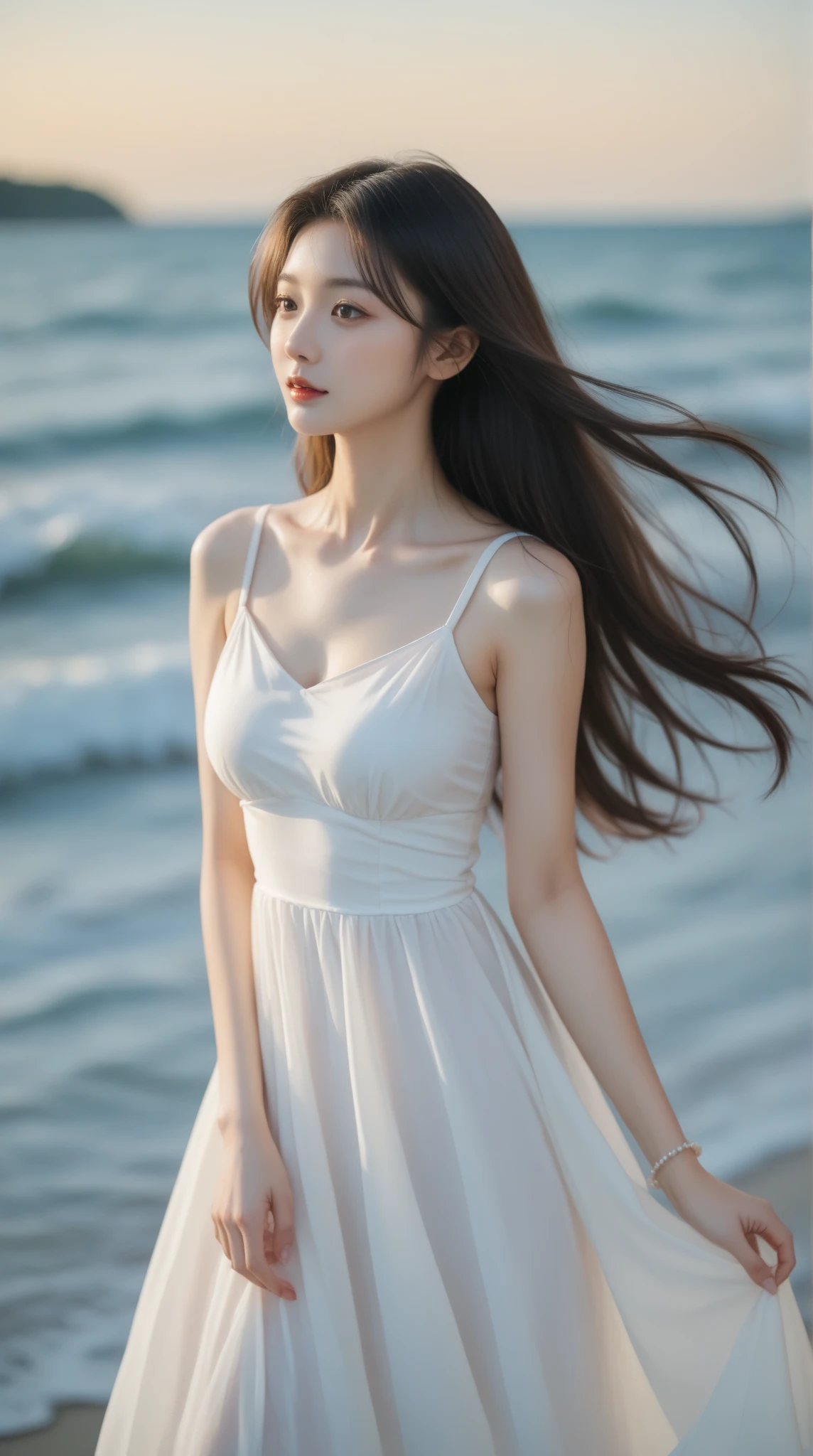 ultra fine photos, extremely cute and beautiful girl, Highly detailed beautiful face and dark eyes, look at viewr, Beautiful long hair, Solo, Dynamic Angle, Beautiful dress, Full body, The sandy beach background is the sea, Ultra-detailed face, Detailed eyes, 二重まぶた, Natural eyes and mouth