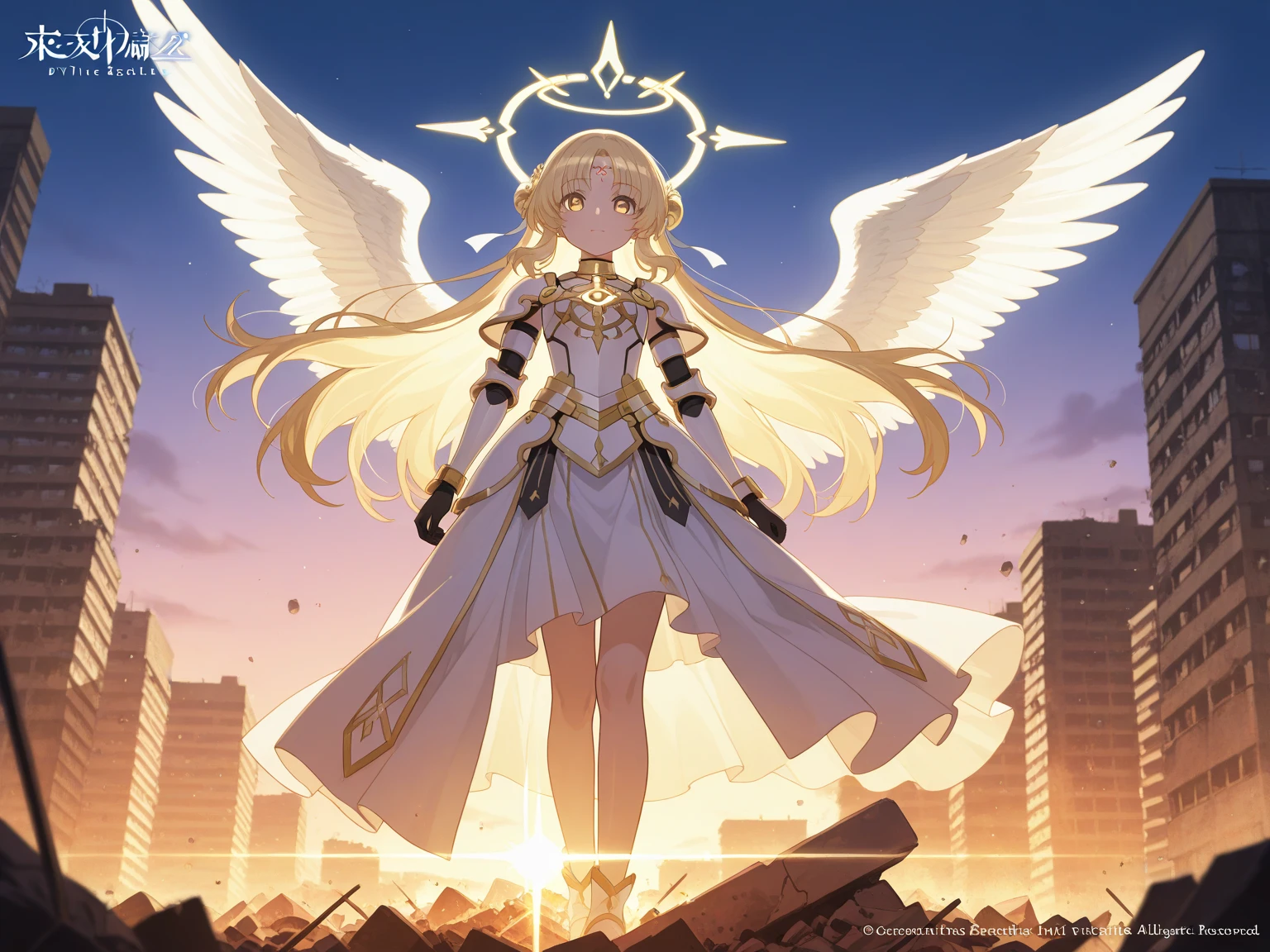 frontal closeup image, Female angel, white angel wings, big chest, white robes, glowing yellow angelic eyes, bright yellow angelic aura, Sariel from nanatsu no taizai, short blonde hair, masterpiece, high quality, 4k, diffuse light, highly detailed, realistic hyper-detail, realistic colour palette, blue sky background