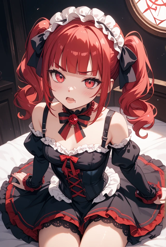 (masterpiece, best quality), 1girl, red hair, medium chest, gothic frill dress, pervert face,