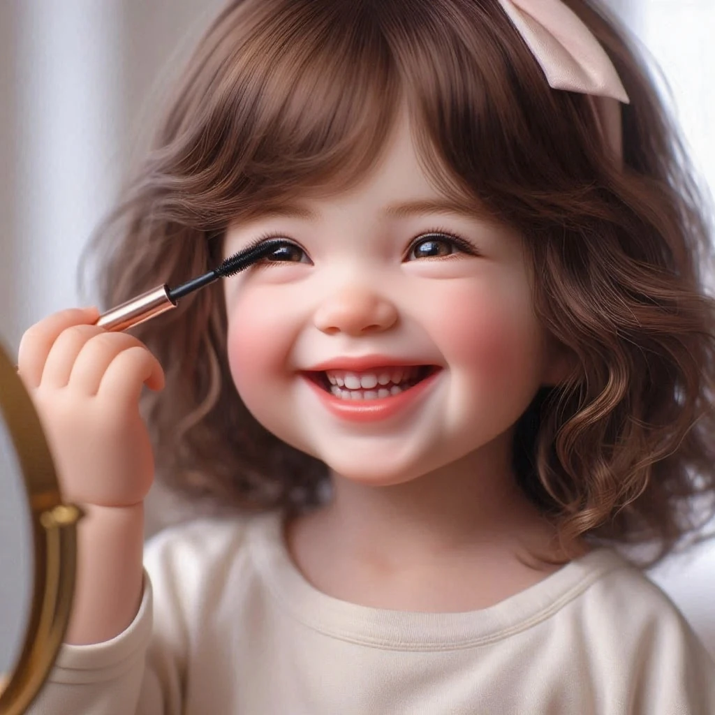 Cute little girl doing makeup in front of the mirror in a cozy white room, She has a very confident expression, she has long flowing hair, a happy expression on her face, lipstick, foundation, nail polish on the makeup table. --auto --s2