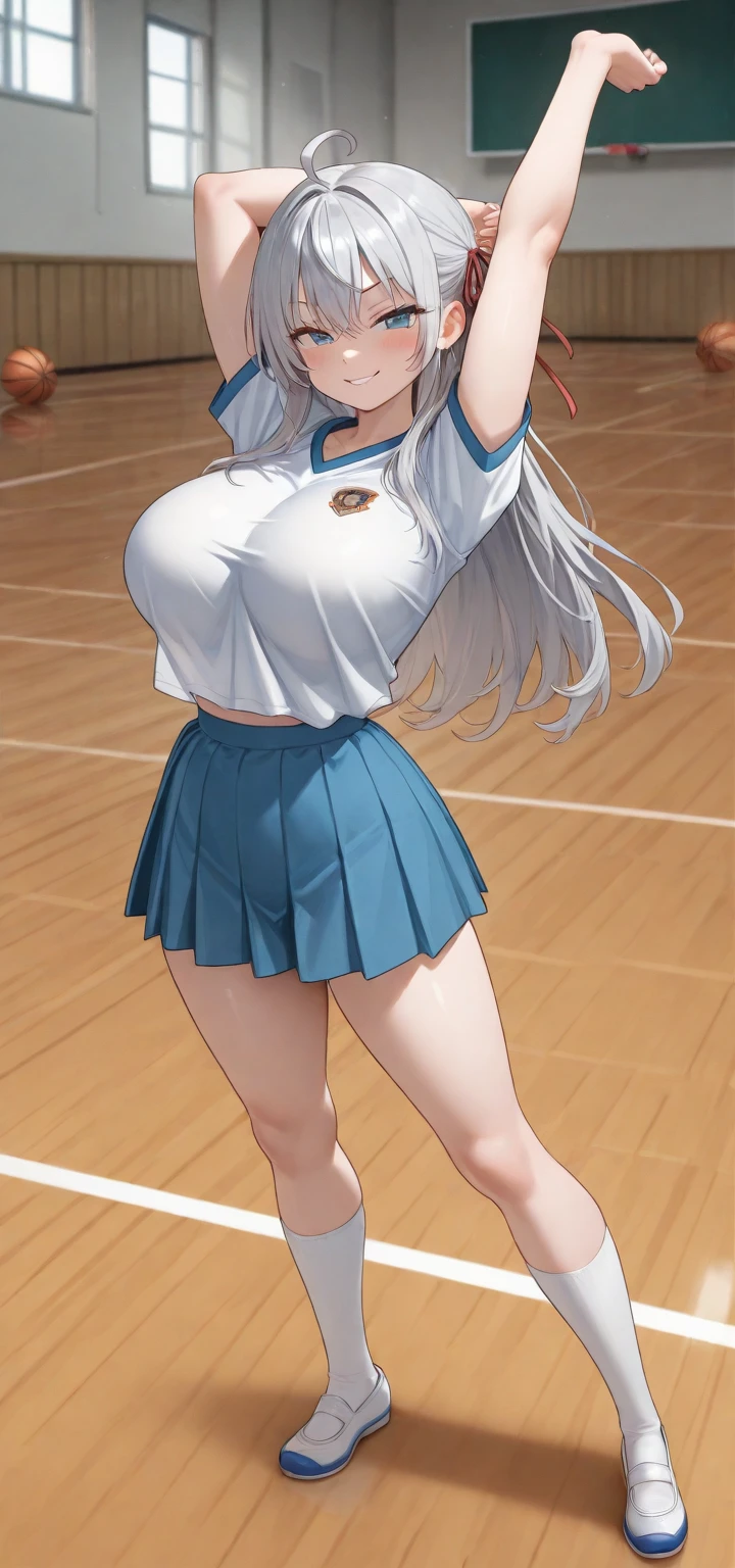 Track and field uniform、platinum-blonde-hair、Westerners、Full body like、ultra gigantic tits、beauty legs、Big buttocks、school classrooms、beauty legs、Ecstatic smile、Red face、Sweating、?????? accentuation、hi-school girl