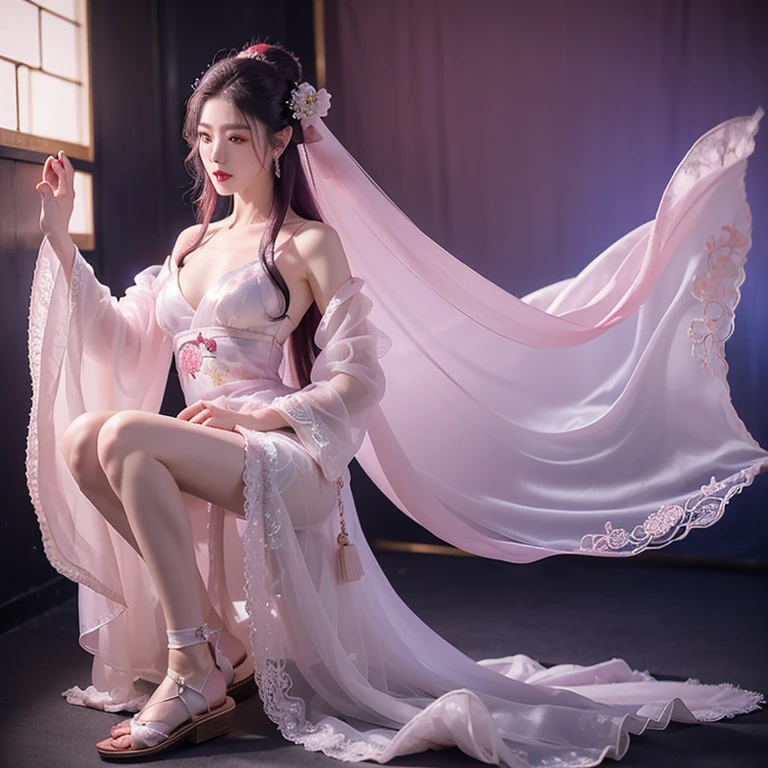 Create vivid oil paintings of girls wearing semi-sheer tulle on the whole body of the human body, charming Liu Yifei + Hu Huizhong, garter, sock rings, body soaring, dynamic movements