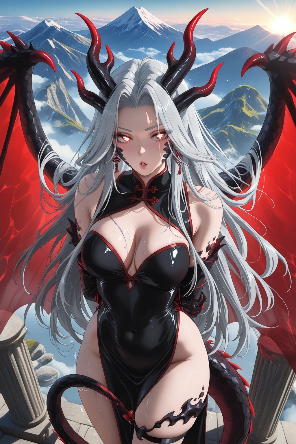 Masterpiece, very detailed, ultra detailed, one, (1 female succubus), She is in a closed black leather dress with gold details, in the style of a milf, mature mother, long hair and crooked bangs, red and black hair, thin black demonic horns, thin black long tail, beautiful, charming, light crimson-red eyes and black eyeliner, elegant, large breasts, serious face, charming, black leather wings, on the background and around her huge fire flame and heat