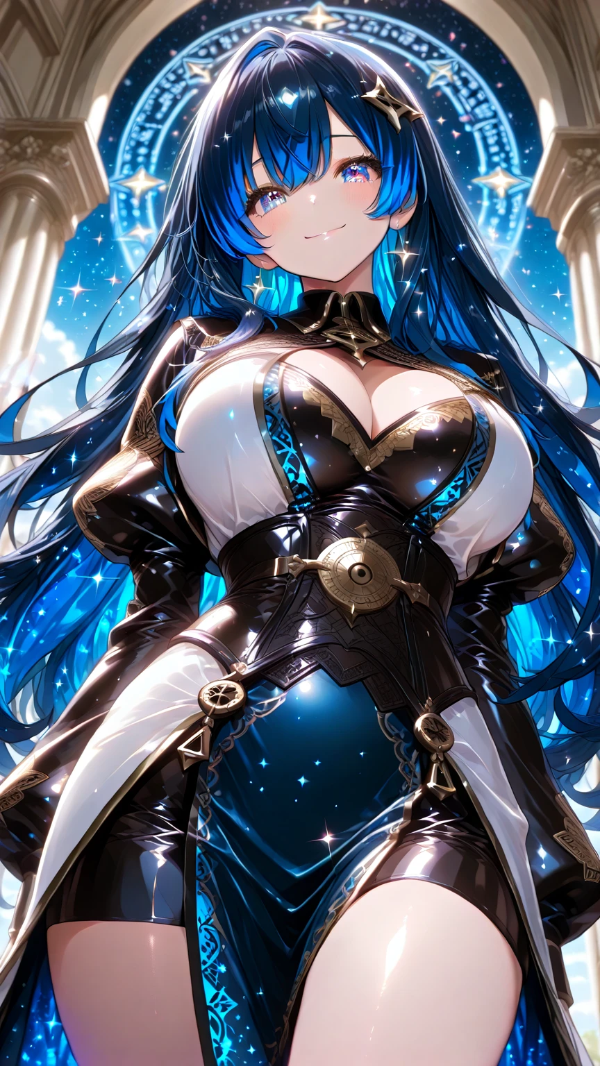 Long dark iridescent hair, iridescent eyes, small waist, large chest and large thighs, warrior built, 