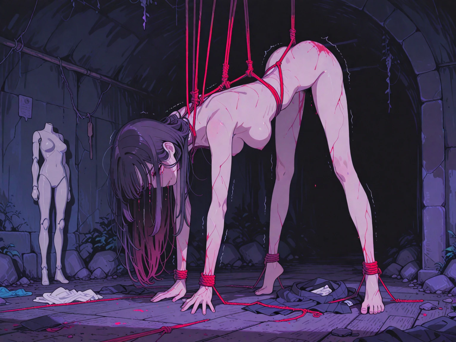 women, red head, night, (scrawny), (yelling), (eyes tightly closed), (crying glowing red tears), pigtails, white room, torn demonic bodysuit, glowing nipples, ((glowing ribcage)), ((drooling)), digitigrade legs, long furry tail, rope, whip scars, hanging from ceiling by legs, arms and legs bound tight by chains,