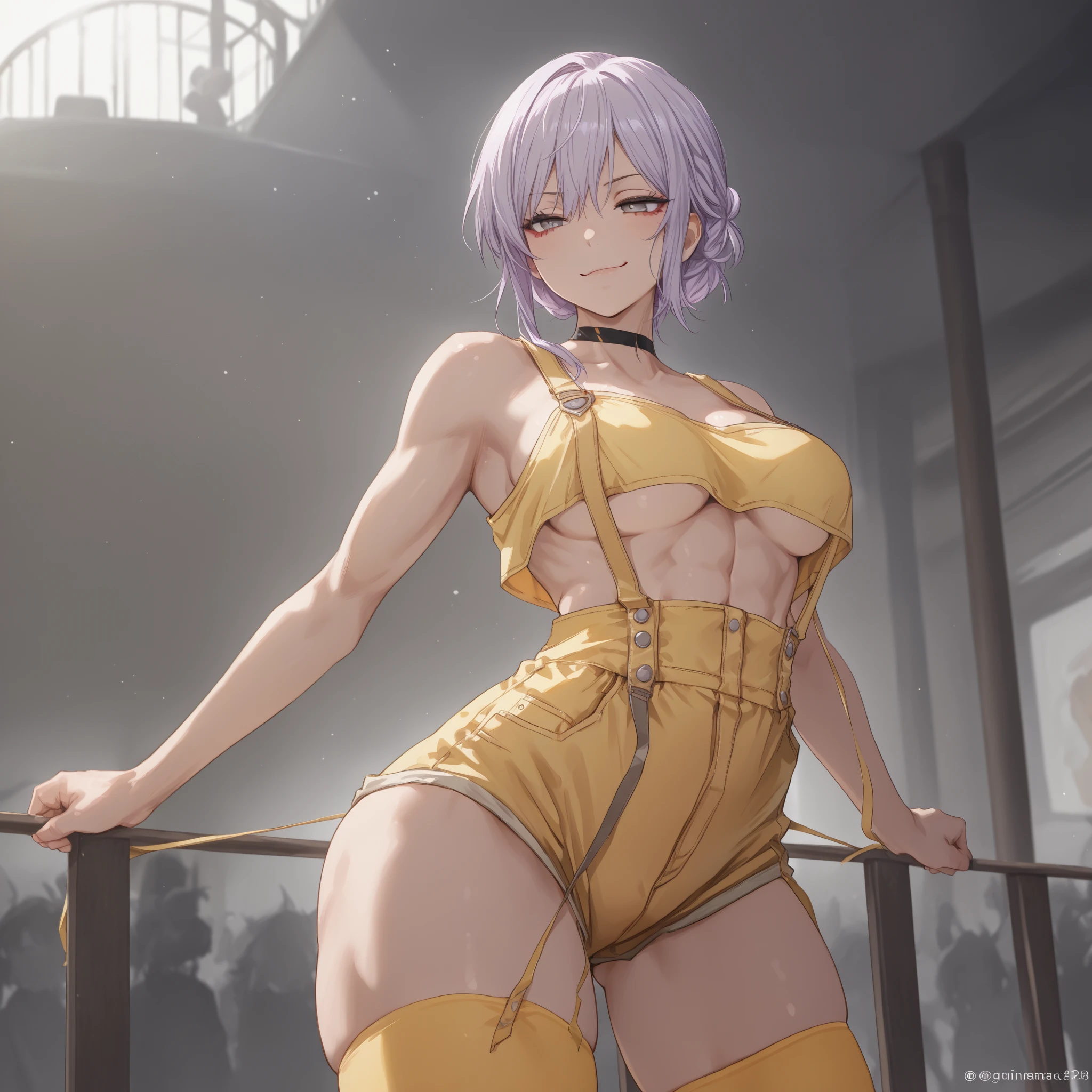 1 girl from an anime with purple hair, in the bedroom, 1girl, alone, ((sadistic)), yellow eyes, purpose, pink hair, Looking at me, ((Tensure)), ((last)), wearing a short bikini , right side ponytail, (((toned legs))), thick muscular thighs, slim waist, muscular belly, hands on hips, barefoot, 8k, ultra realistic