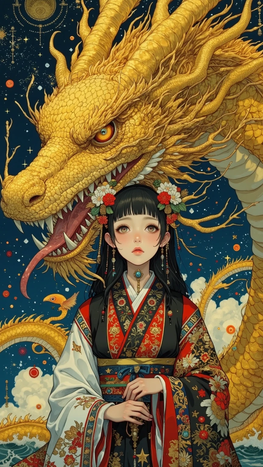 A long-haired girl dressed in red and gold has her head bitten off by a dragon, surrounded by traditional symbols such as lanterns, renku poems, and gold bars. Standing in front of the background, the colors are bright and vivid, but also a little eerie.
