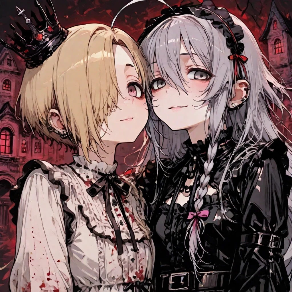 In a tentacle nest belonging to a zombie maid。Wearing a white-haired maid outfit, Big-breasted zombie maid with tentacles,Caught a yellow-haired girl in her twenties,The zombie maid spat tentacles out of her mouth to infect the yellow-haired girl。The zombie maid spat out her tentacles,Shove the tentacles into the yellow-haired girl's mouth。The zombie maid has blood on her face。"infect!"Zombie maid hugs the girl and infects her,A tentacle is inserted from the zombie maid's mouth into the girl's mouth。{A zombie maid with tentacles},{Yellow-haired girl}