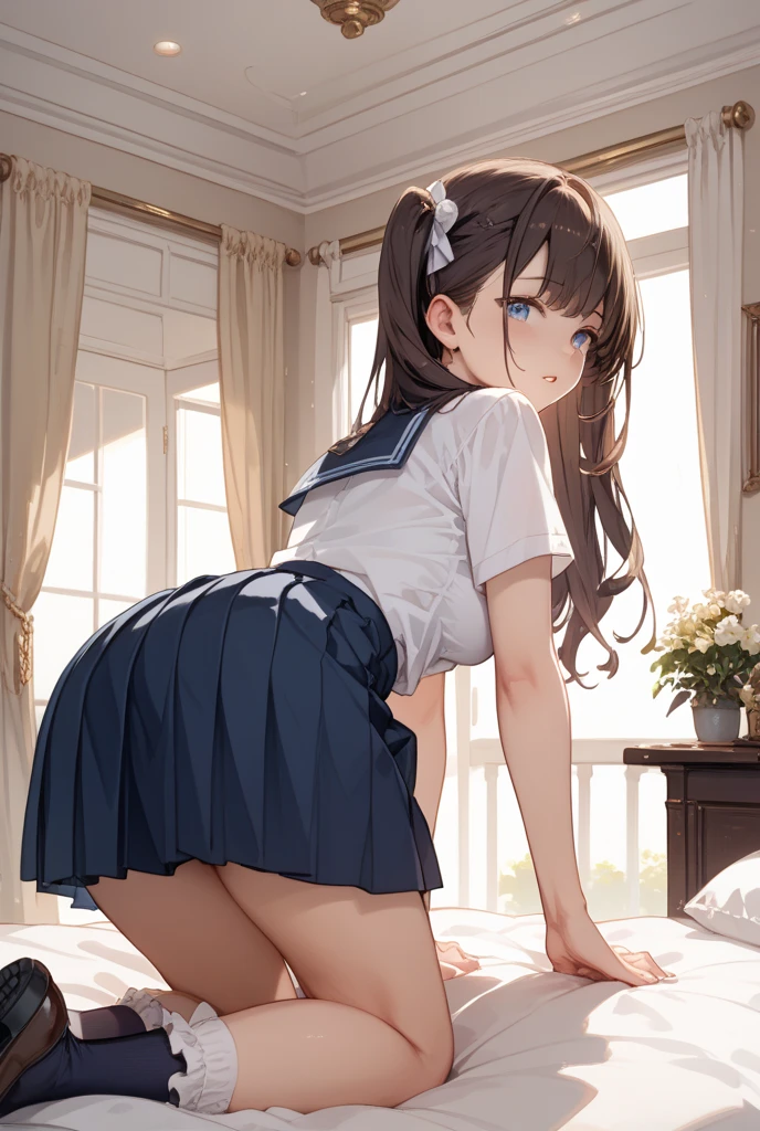 ((best quality)), ((masterpiece)), ((detailed)), (((perfect face))), (((slender 18yo teenage girl))), ((((medium breasts)))), ((((topless)))), ((((dark blue pleated skirt)))), ((dark brown hair)), ((short ponytail)), (((blue eyes))), ((shy:1.3)), ((blushing:1.5)), (((bare chest))), ((bare stomach)), ((bare shoulders)), (((bare arms))), (((standing))), ((((classroom, windows)))), (((shy arms))), (((view from behind))), ((((upskirt, white panties)))), (((open front door))), ((((detailed background)))), (((open mouth)))