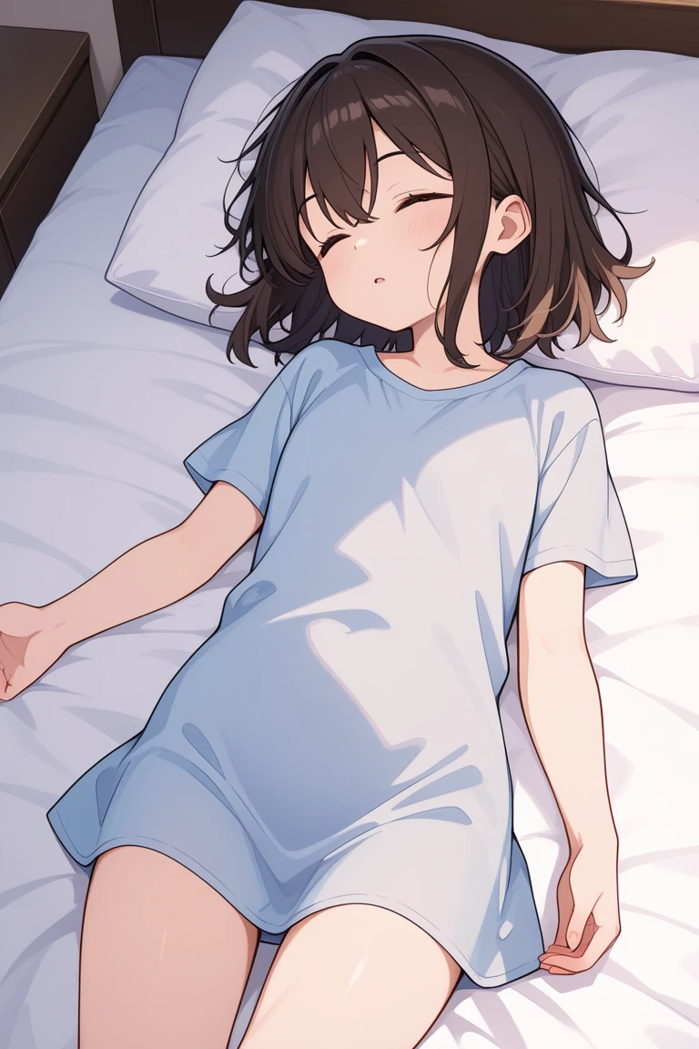1. Beautiful girl in a nude apron, short hair, Small breasts,Black Hair, No underwear, Hospital Beautiful Cute High Quality Short Sleeves Sleeping in Bed Sleep