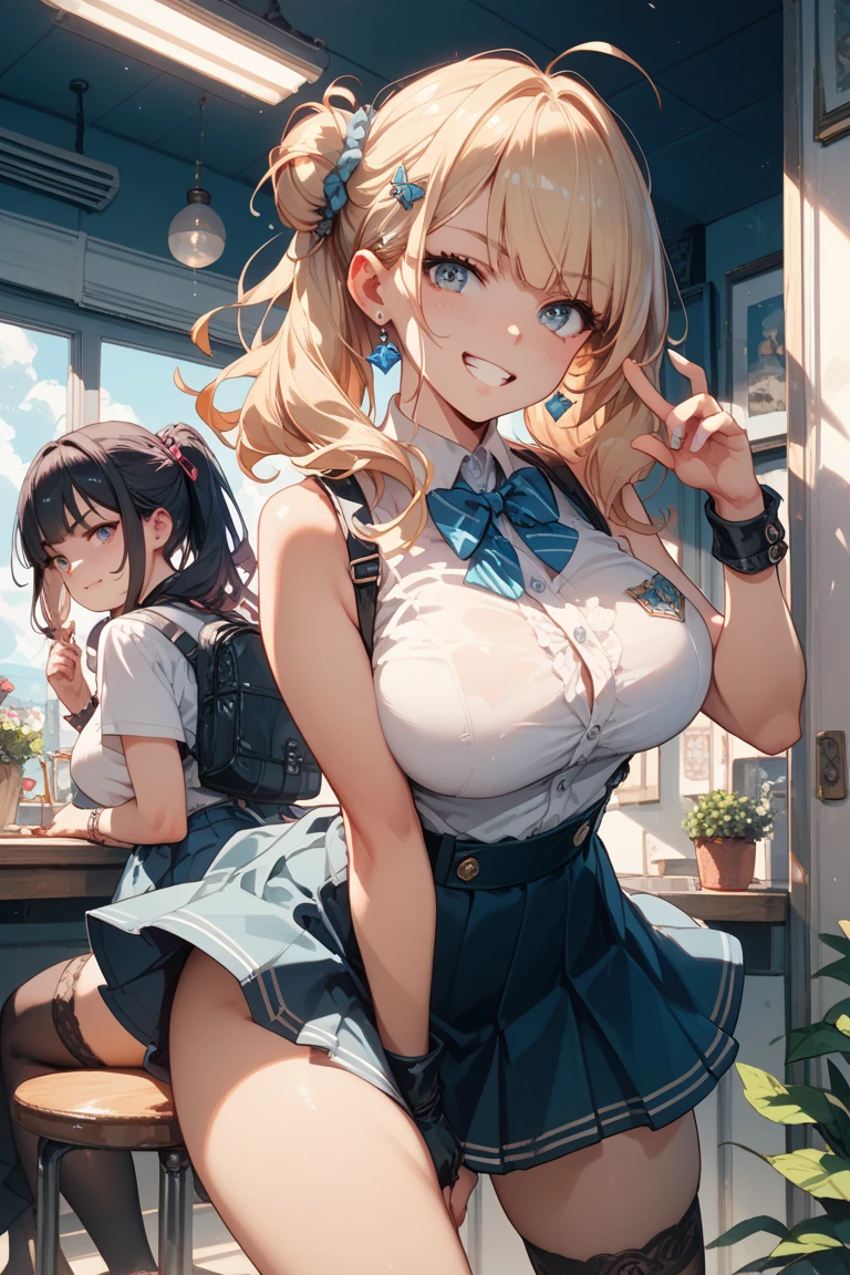 highest quality,wonderful,finely,extremely detailed CG Unity 8K wallpaper, (girls, cute eyes, Knit , clothed), (sparkling eyes:1.2), (skinny body), (huge breasts), (open mouth),  (embarrassed), (black stockings:1.1),(Thighs:1.2)