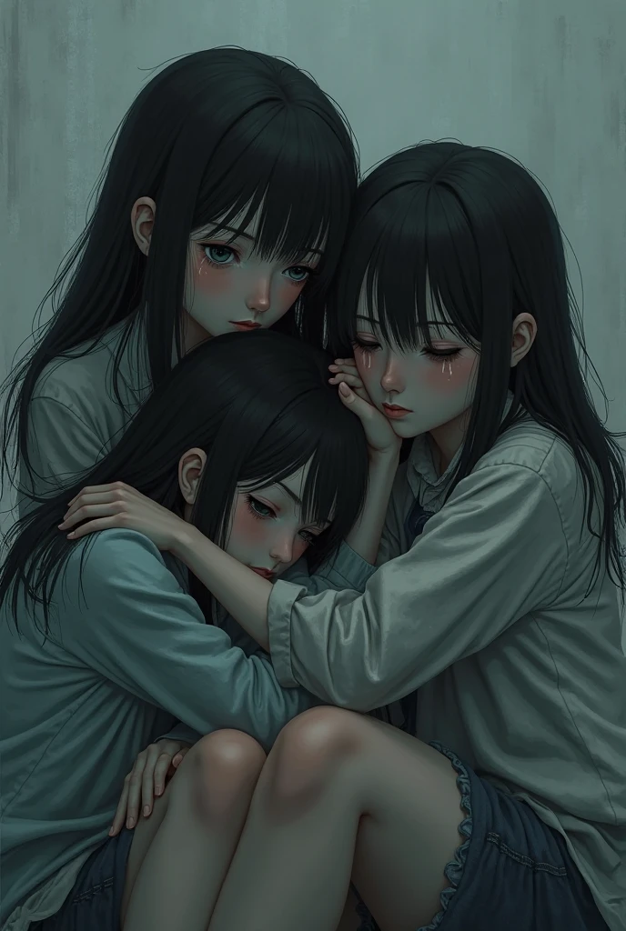 At night, downstairs, on the side of the road, two girls hugged each other, sitting on the ground, with sad expressions on their faces, crying, and their upper bodies on display