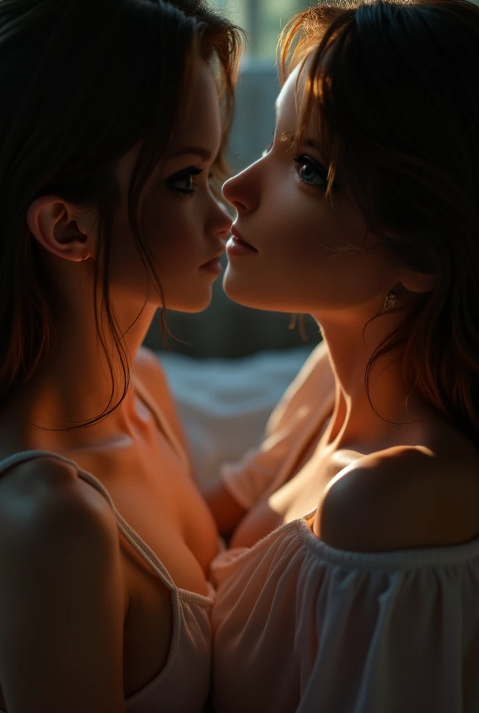 There is a Dark Purple Haired adult woman Kissing a ginger haired woman, Natural MakeUp, Eyeshadow, natural makeup, long curved hait, Lace Underwear, Dentelles, Little Breast, Little boobs, Little Chest, Second Life Avatar, Beautiful screenshot, Second Life, attractive woman, high quality, highly detailed skin, dynamic pose