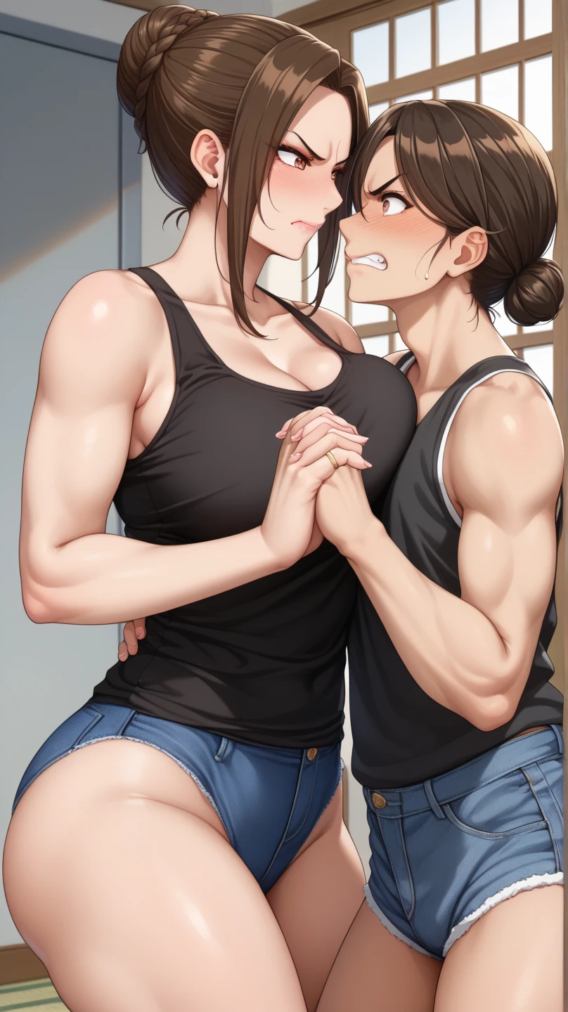 score_9, score_8_up, score_7_up, source_anime, scissorhold, between thighs,, BREAK 1girl, sitting,athletic body,mature female, lips,hair, brown eyes,  large breasts, smile,seductive smile with teeth,thick thighs BREAK 1man,adult man, suffocating, getting crushed by thighs,man is dying, man is getting crushed by thighs,man is crying,saliva, man is in pain