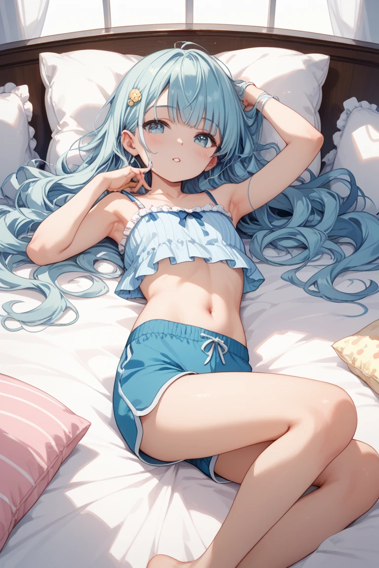 ((8k, Highest quality, masterpiece: 1.3)),Ultra-high resolution,(1 girl, alone), (Color changing eyes, Ultra-detailed, Expressive brilliance, Glitter, Glowing Eyes), Highly detailed eyes, Highly detailed face, Random Hair, ((pastel colour))A playful young woman with pastel mint-green hair styled into loose waves, lying on her stomach on the bed during a lazy afternoon. She is wearing a bright orange bikini with ruffled edges. The camera captures her from a top-down angle as she lies with her legs bent at the knees, playfully kicking her feet in the air while resting her chin on her hands. The room is filled with soft natural light, with cozy and casual decor that emphasizes the relaxed, carefree atmosphere.
