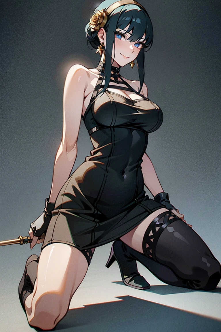 (masterpiece, best_quality, ultra-detailed, 8k, UHD, immaculate:1.3) epic, artgerm, pixiv, artstation, 1 girl, single character, gothic girl, goth style, yellow eyes, black hair in twintails style, twintails ,black hair, full body shot, sexy black outfit, tight clothing, straps, short black skirt, panties, thick thighs, large breasts, curvy hips, black painted fingernails, black collar around neck, collar with metal heart, indoors at night, apartment, night time, dark