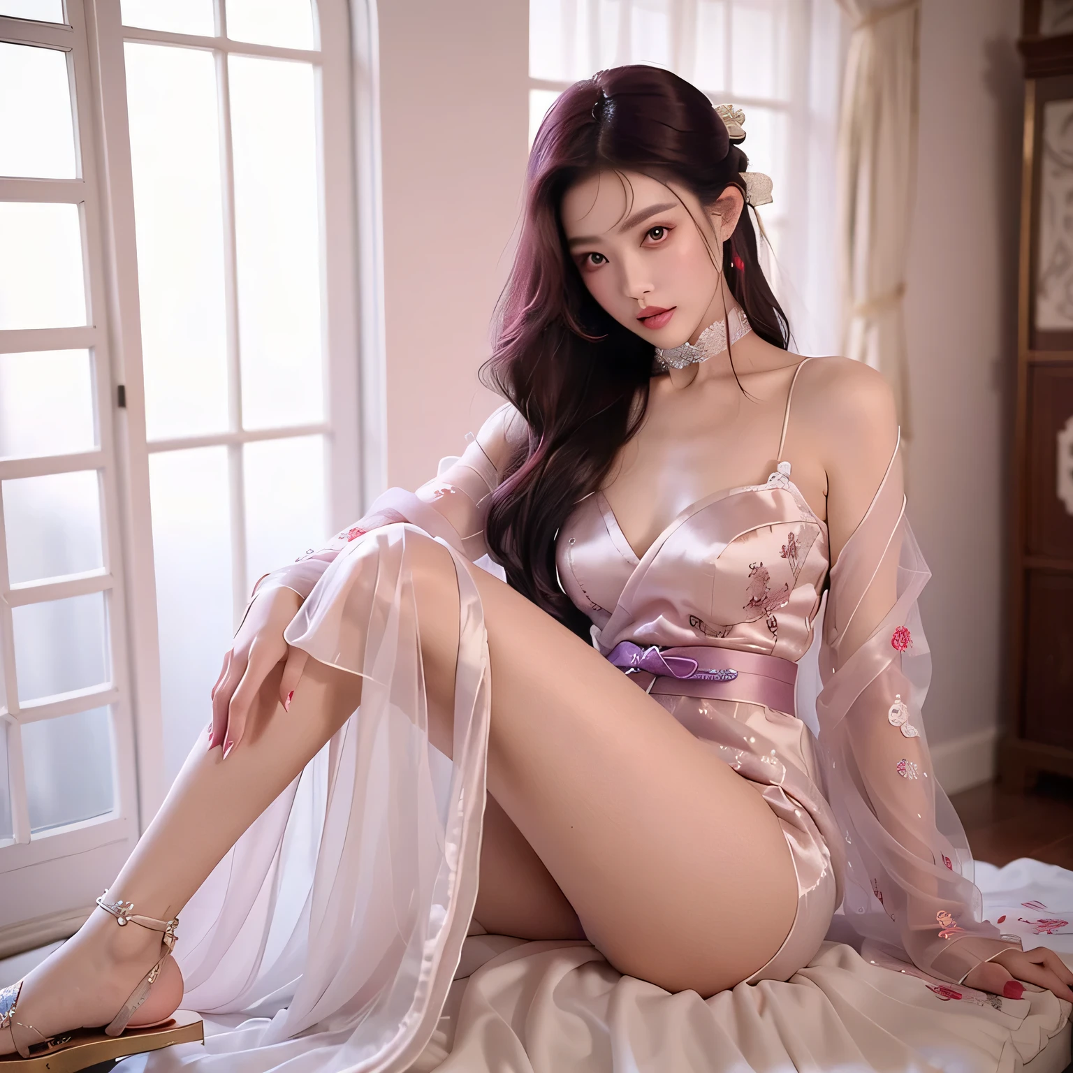 1 20-year-old girl, 1 Goddess Athena, Photorealistic Photorealism, Full Body Portrait, Pink and purple silk dress, Slim sequined nightgown with lots of sexy black lace details, photo realism, long hair, Round breasts, hair strand, long black hair, bare legs, barefoot, Transparent underwear, long legs, lie down, Foot elevation, feet in the sky, Calf bent 90 degrees, show feet, beautiful legs, sexy pose, Transparent underwear, Beautiful goddess style glitter, Red lips, Plump red lips, #1: Long, Beautiful clear face and well-proportioned eyes, (Big round eyes and heavy makeup, Sexy wet eye makeup, Very beautiful and detailed hair makeup, The most realistic color scheme, (Rose White Skin: 1.4), (High Skin Detail: 1.1), (The most beautiful aurora eye: 1.7), The Aurora is beautiful and gorgeous, (more details:0.8), Slim sequined nightgown with lots of sexy black lace details, Transparent Clothes, emaciated, Slender figure, Expression smile, Art De, Transparent underwear, Surrealism, ray tracing