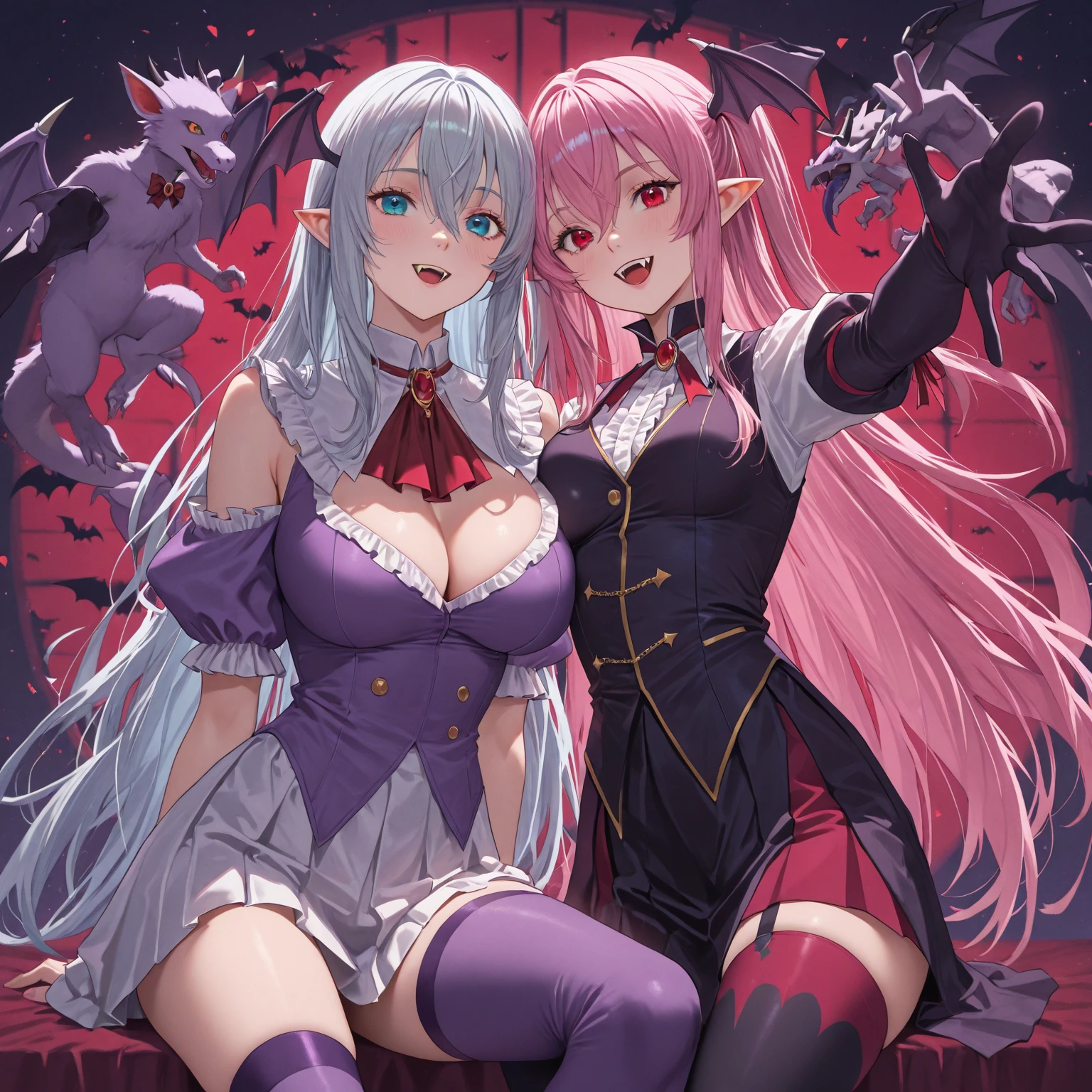 Cute Face Bitch Huge boobs Seductive Pose A sparkling smile Pink Mist Attraction magic Pink Room Hug and pose choker Cute Dresses vampire Princess Room bed Little bat Sex Open arms pose 2人でSex