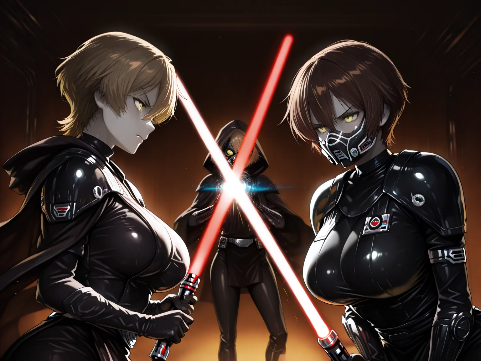 (Black and white Anime Line Art) (extreme complexity, two subjects unique and individual) (subject 1:A sexy Sith Warlord (alien, big breasts, no hair many small horns instead, blood red eyes, deep red almost black skin, many fierce orange body tattoos, small fighting costume, looks unhinged, wielding a red light saber)) is dueling with a (subject 2: Japanese Jedi woman (big butt, small breasts, sailor school outfit with scifi gadgets, short hair, big eyes, calm and composed, masterfully deflecting the sith attacker)), set in a sci-fi high technology building