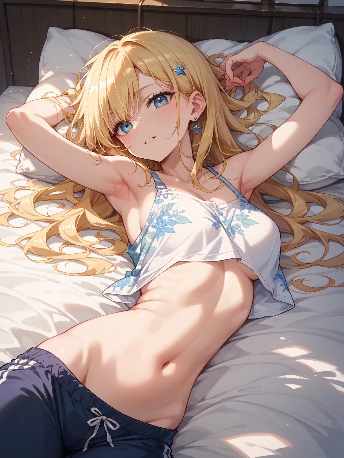 (​masterpiece)、(top-quality)、(super extremely tiny bikini:1.5)、(blushed face:1.3)、(Protect your tits with both hands:1.3)、Almost naked、 a beauty girl、 Embarrassed look、 a slight smile、 very cute、 Clear eyes、 Shining eyes、 big breasts、 Tummy is visible、 cleavage of the breast、 lower abdomen、 An ultra-high picture quality、 ultra-definition、 Photorealistic、 Golden hair