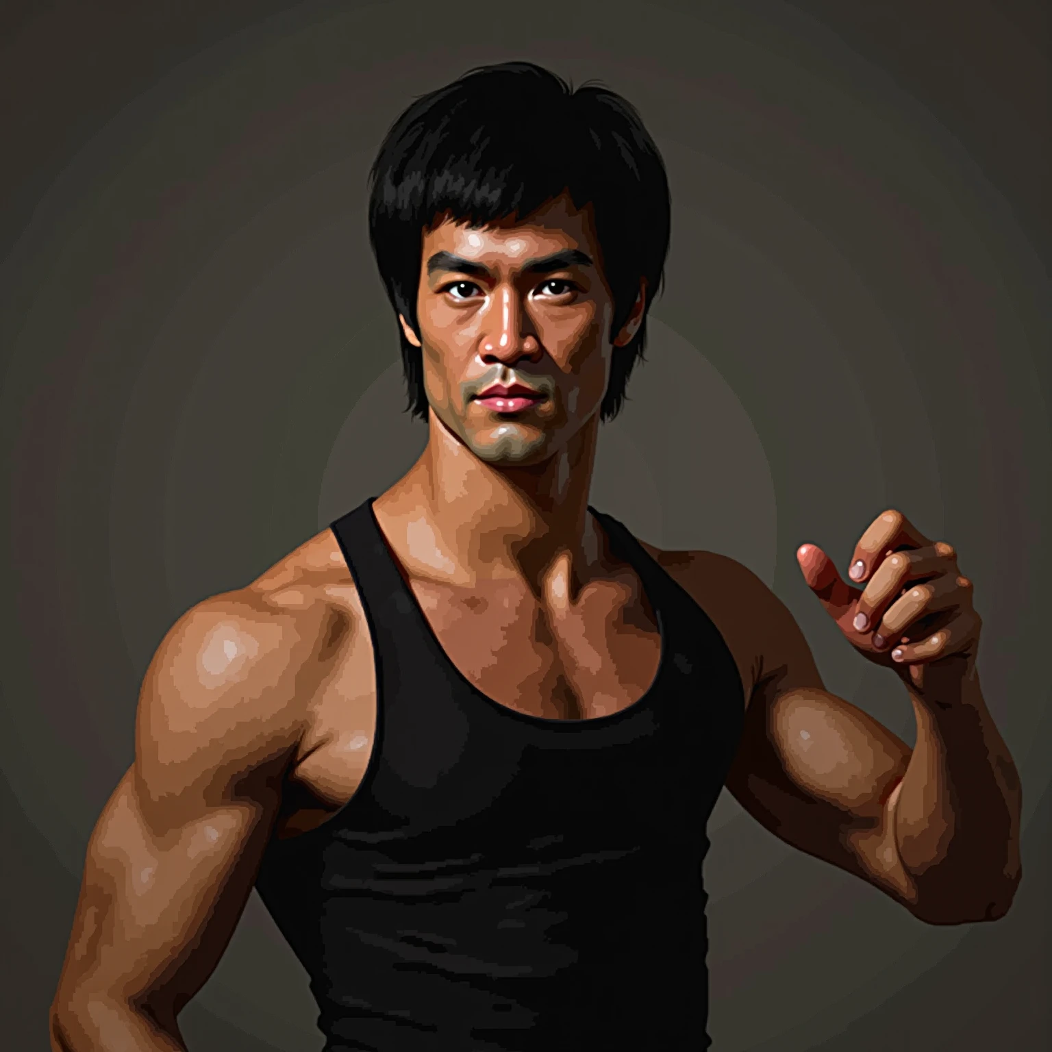 bruce lee, barefoot, wet, biceps, high quality, dynamic angle, masterpiece, chest, oily, posing, muscular topless open legs, full body shot, body, dirty, dark skin, detailed skin, masterpiece, best quality, highres, realistic, fudanshi, steaming