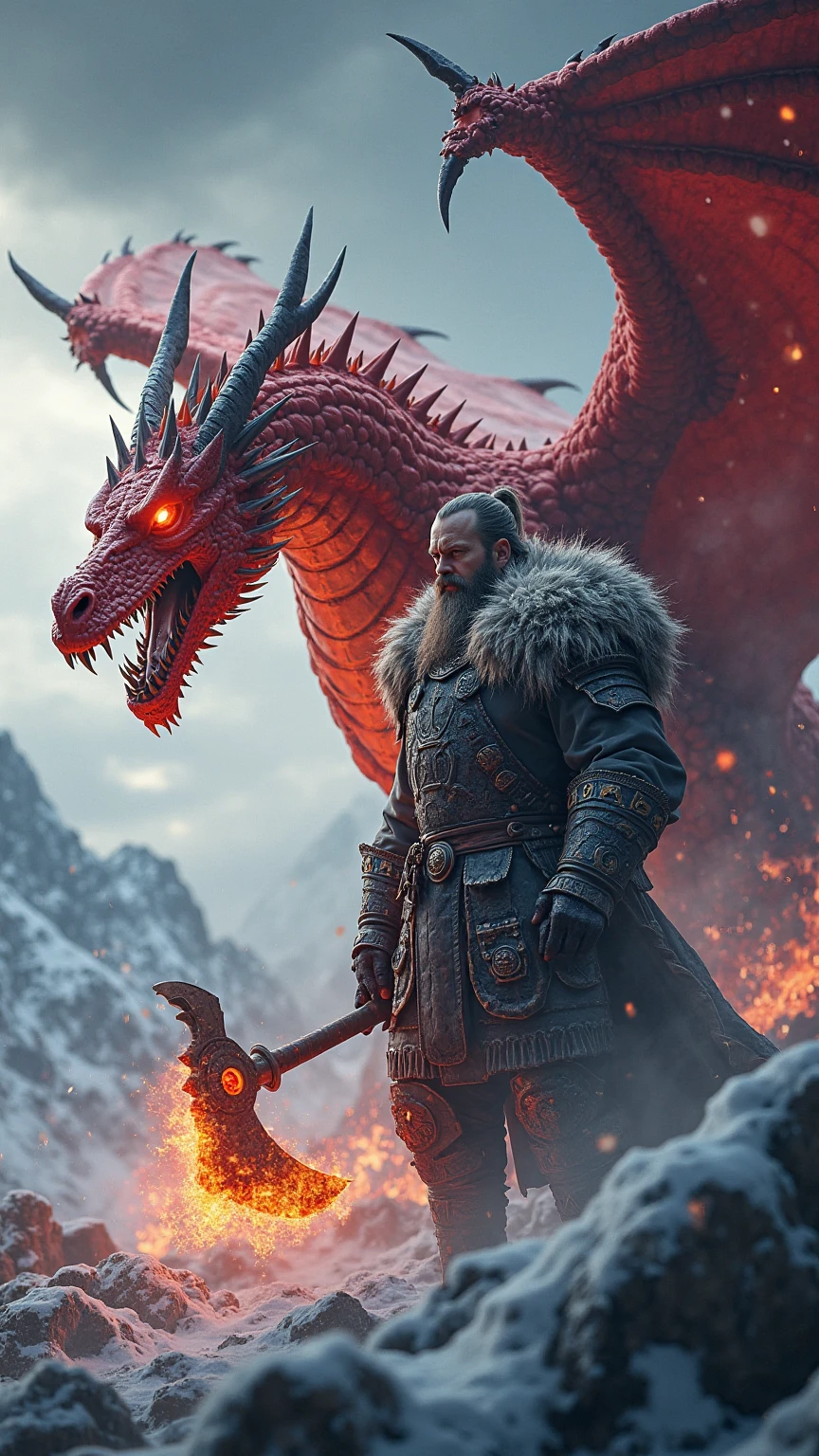 Epic Nordic fantasy poster showing a powerful red dragon with glowing eyes standing beside a fierce warrior of the Dragon Clan. The warrior wears heavy fur-lined armor with Viking runes, holding a flaming axe. Behind them, icy mountains and stormy skies loom. The dragon's wings are partially spread, with embers and snow swirling around them. The atmosphere is intense, mythical, and cinematic — perfect for a legendary saga. Style: hyper-detailed, 3D cinematic, dramatic lighting, poster composition