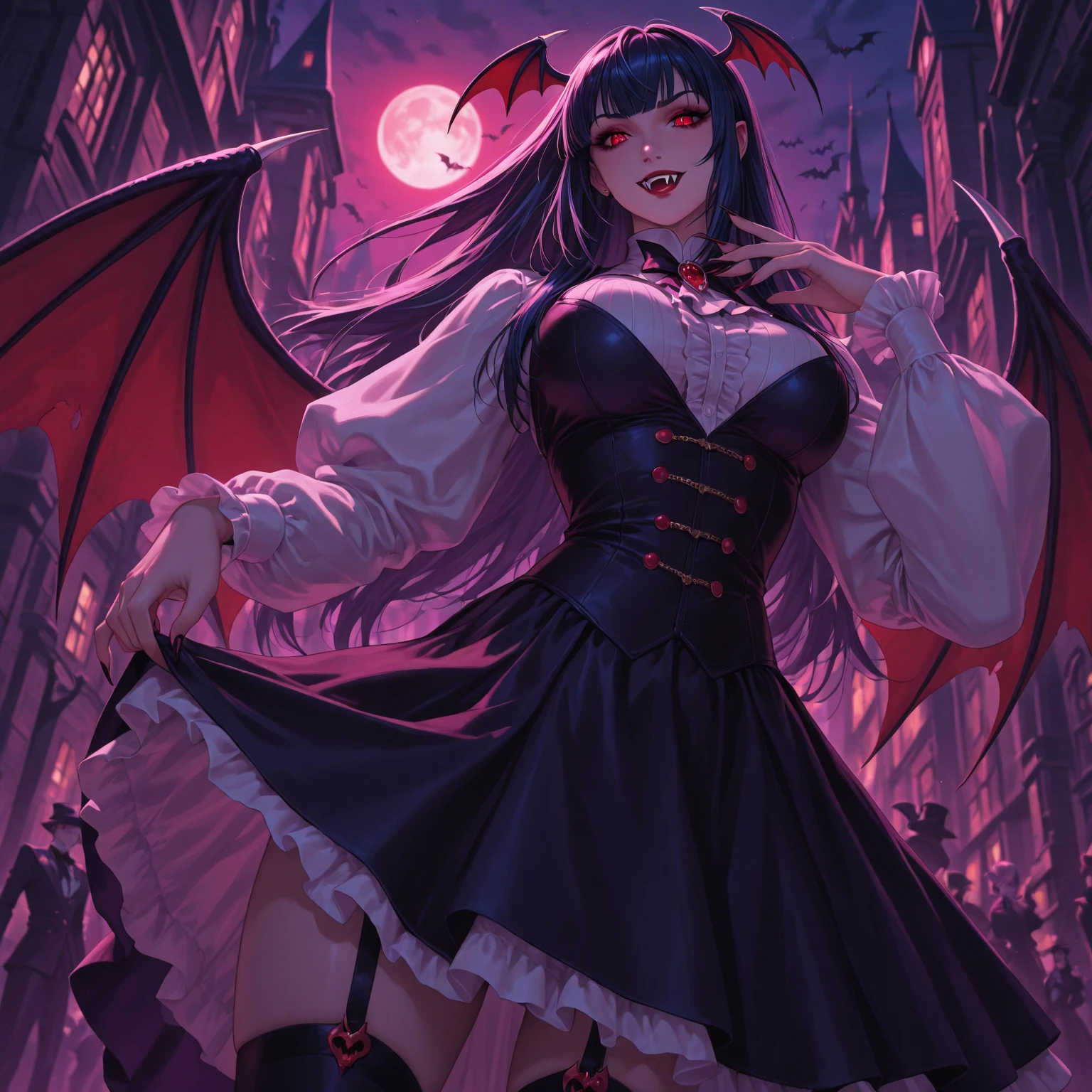 A sexy young male, black long hair, teal blue eyes. Gothic clothes. (Male) (no facial or body hair)) masterpiece, best quality, ultra-detailed, best shadow), (detailed background) (purple and black) pretty handsome. Sexy Cute. No facial hair. No body hair. Wink. Seductive. Sexy. Pale and white skin. Smirking. Anime style. Blood. Vampire. Sexy. Death note style. Pink lips. SENSUAL. Purple and black gothic frilly clothes. Long lashes. Sexy pose. Crossing legs. Love. Shiny. Vampire Prince. Bottom angle. Seductive. Male. Bottom angle. Shiny. Long boots. Delicate facial features. Kiss. Red moon. Fangs. Black wings. Sexy male.