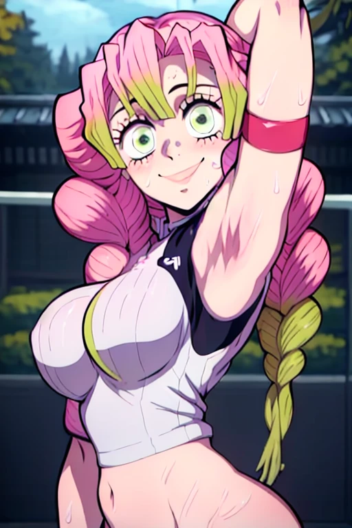masterpiece, best quality, mitsuri kanroji, looking at viewer, large breasts, upper body, portrait, seductive smile,both hands raised, armpits, armpits visible, sweaty armpits, wearing volleyball uniform,