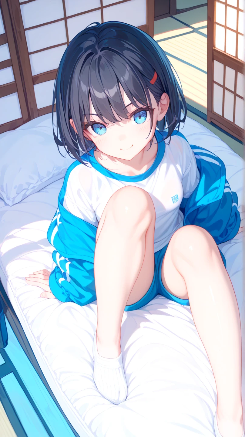 (masterpiece:1.3), (Absurd:1.3), (highest quality:1.3), The Hands of Guido Daniele, (Very detailed:1.3), (Best Shadow:0.7), (Processed Hair), One girl, alone, S1, aizawa ema, 7 years old, (toddler:1.4), (medium Breasts:1.0), perky breasts, cleavage, (thick thighs:0.4), (black hair:1.4), Asymmetrical bangs, Blunt bangs, blue eyes, (gym uniform:1.4), (white T-shirt:1.4), (blue buruma:1.4), no bra, (nipple shape:1.0), no socks, cute face, panic face, (embarrassed:1.0), in the bed room, on the bed, co-sleeping, open legs,