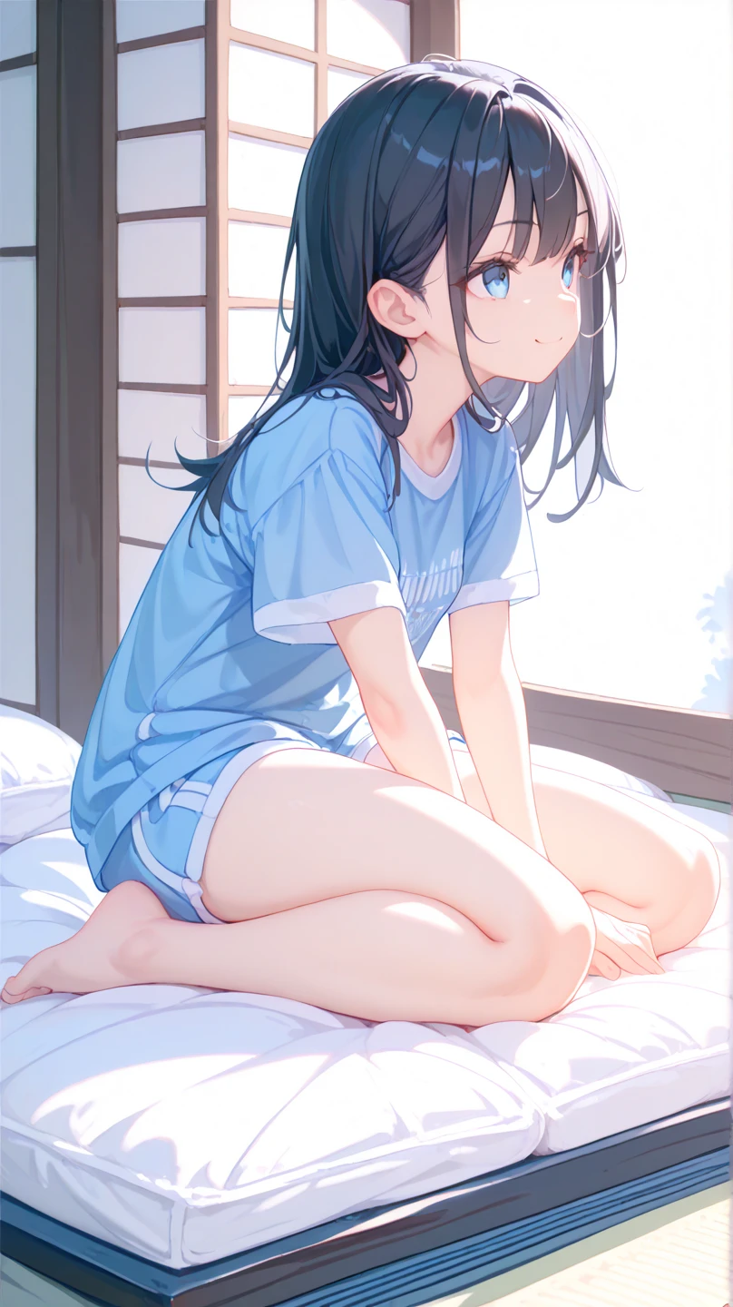 masterpiece、Highest quality、Very detailed))、One person、Black Hair、Black Hair、Long Hair、blunt bangs、Grey Eyes、evil smile、((Small breasts))、((gym uniform))、black socks、((wariza))、Sit flat、Shoot from behind、On the bed、Bedroom Background
