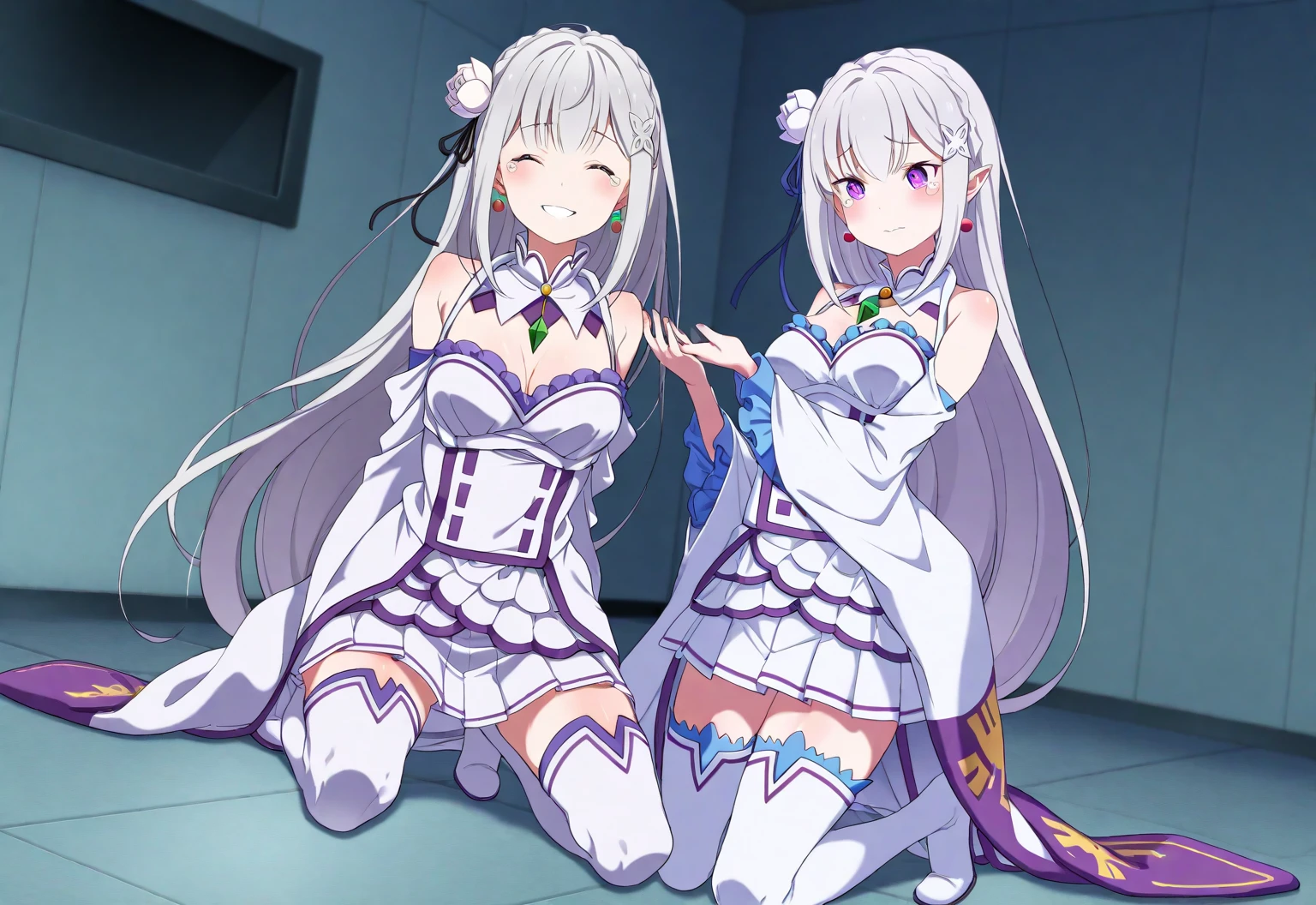 Emilia re:zero, purple eyes, Emilia, crown braid, x hair ornament, flower hair ornament, white hair, long hair, medium breasts, anime image of two women in lingersuits with guns, from girls frontline, rule 34, m4 sopmod ii girls frontline, pixiv 3dcg, fine details. girls frontline, 4k post, 4 k post, girls frontline style, popular on pixiv, at pixiv, pixiv, kantai collection style