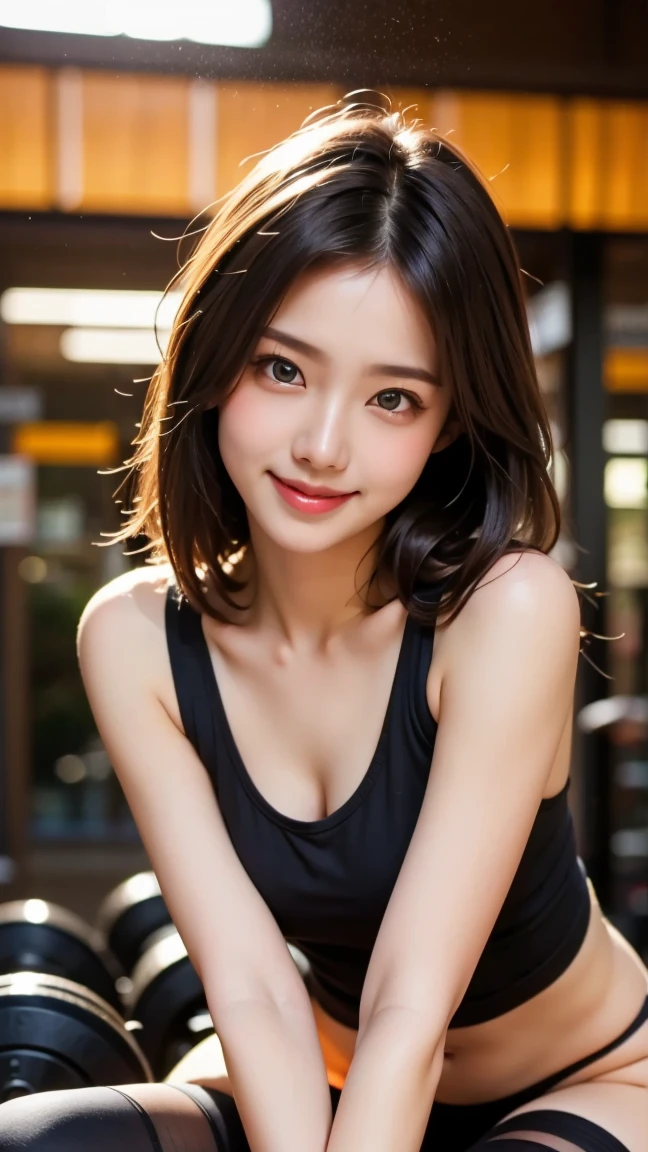 Tabletop, Highest quality, figure, Super detailed, In detail, High resolution, 8k wallpaper, Perfect dynamic composition, Beautiful attention to detail, dress, short hair, Center of chest, Natural color lip, Random sexy poses,smile, Blurred park background at night、20-year-old girl、huge 、Too much exposure、Tank top（black）、Expose your breasts、Slid、I keep my hair tied