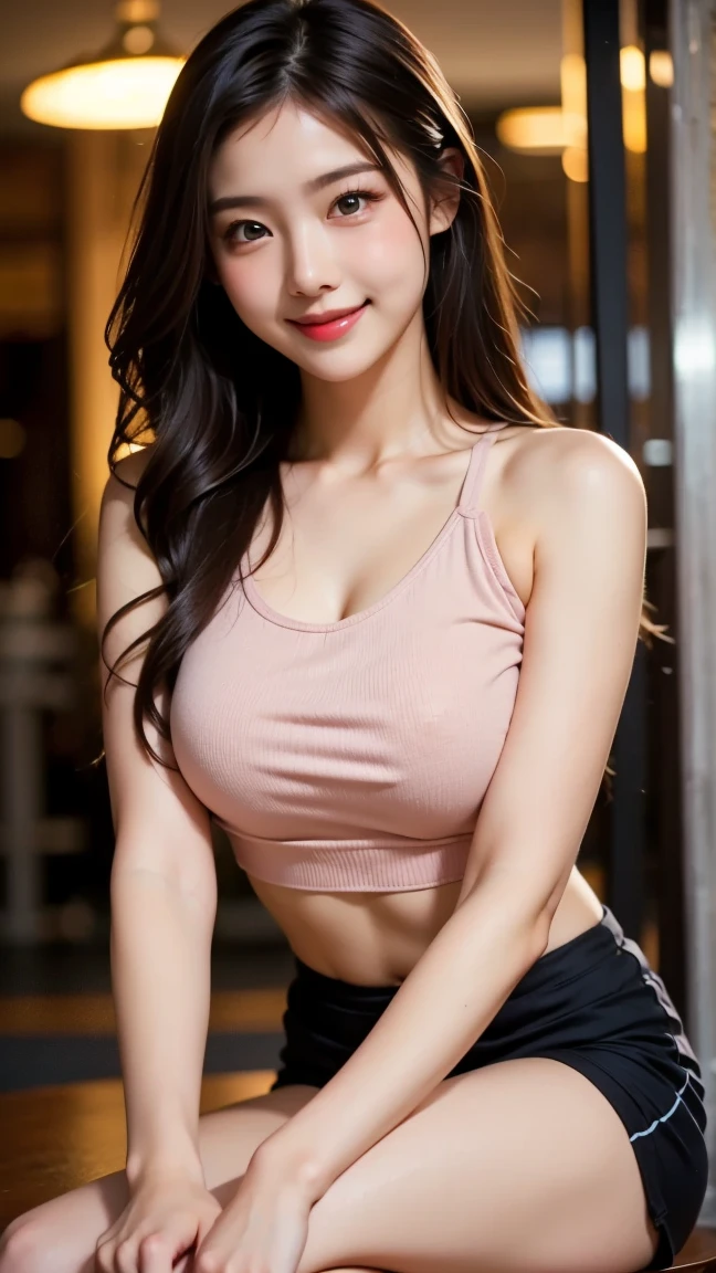 (realistic, high resolution:1.3), 1 girl with perfect figure, super fine face and eyes, long hair, tank top: 1.2 in random colors, short jeans, in a café, coffee on the table, big breasts, exposed cleavage